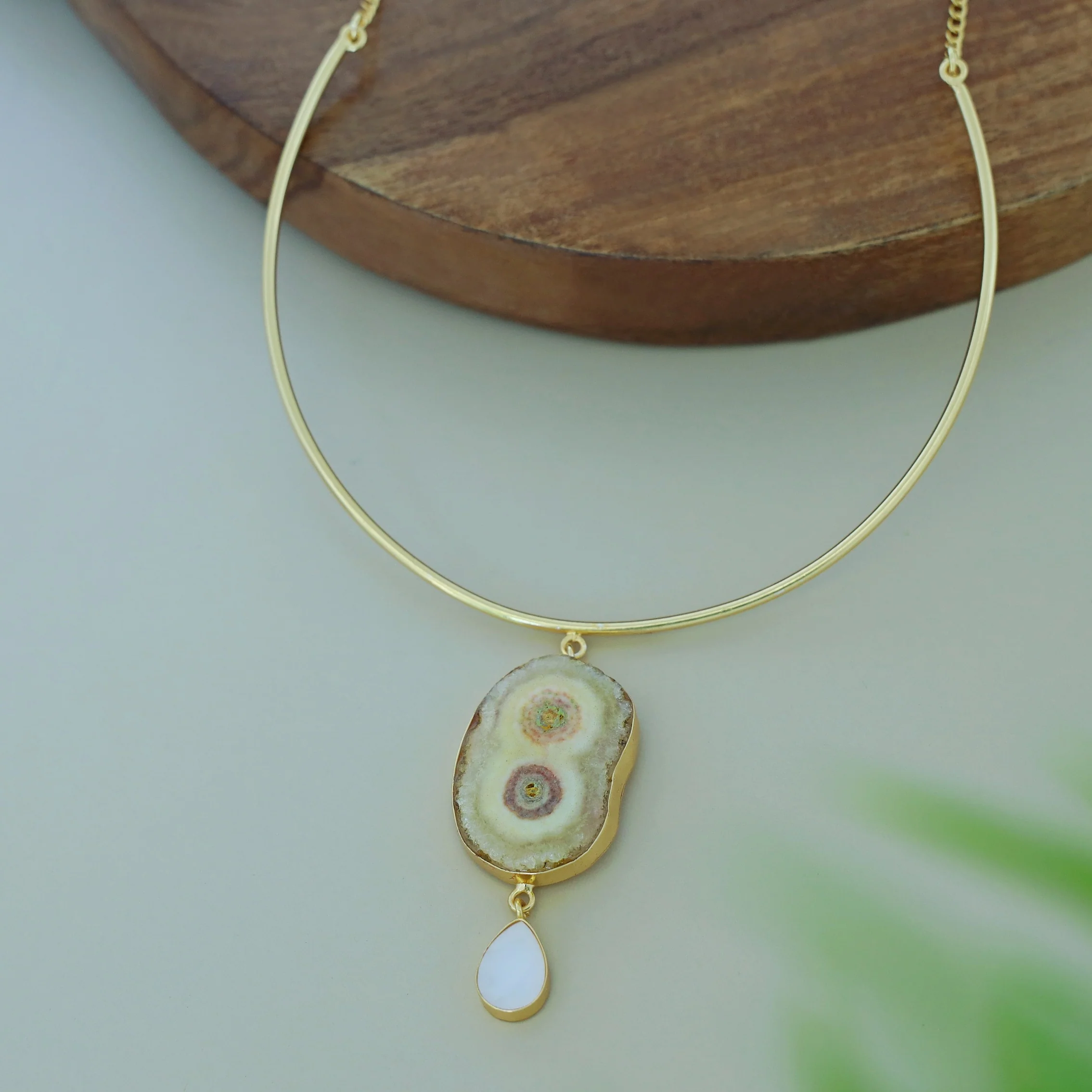 Golden Neck Cuff With Agate + Mop Pendant - Image 3