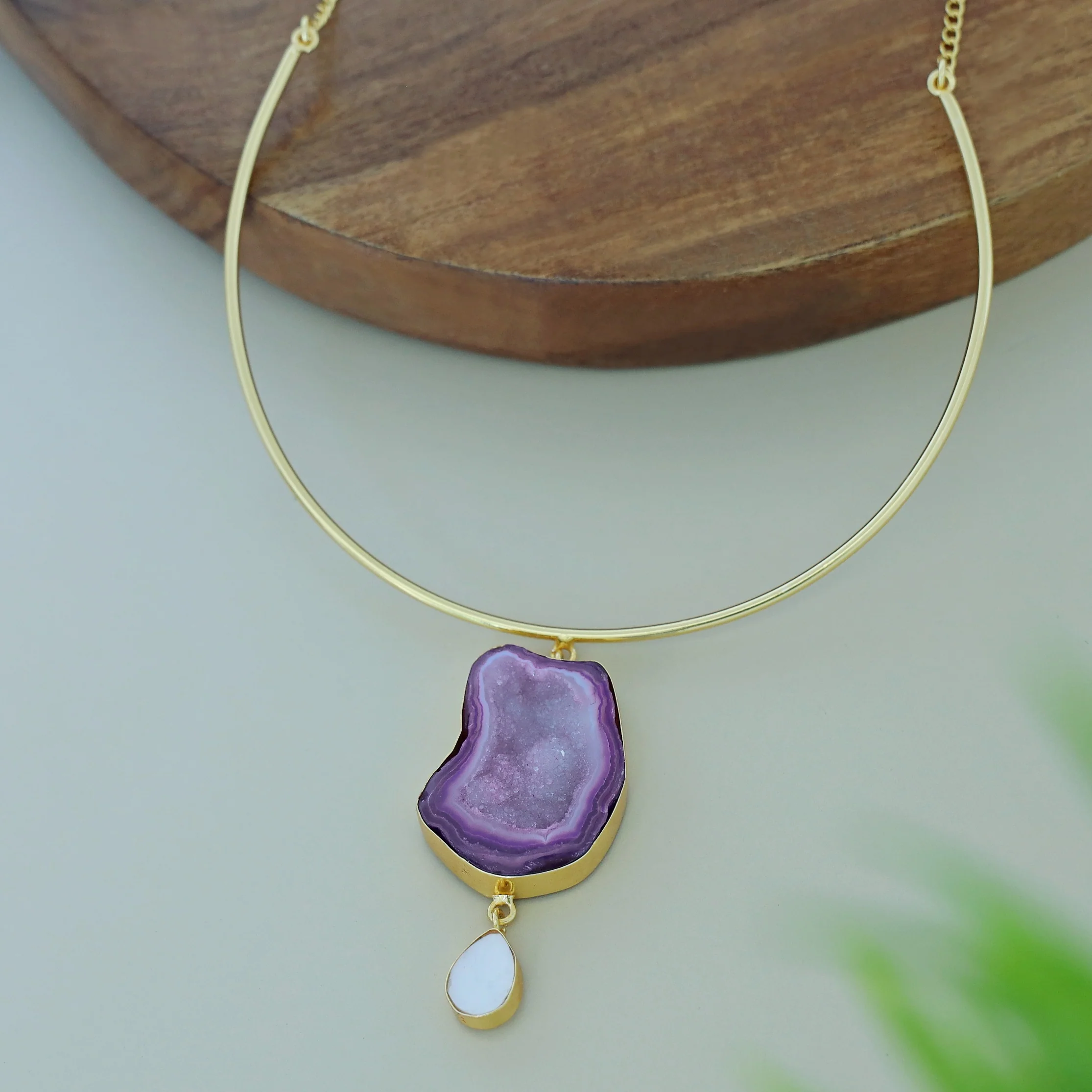 Golden Neck Cuff With Agate + Mop Pendant - Image 4