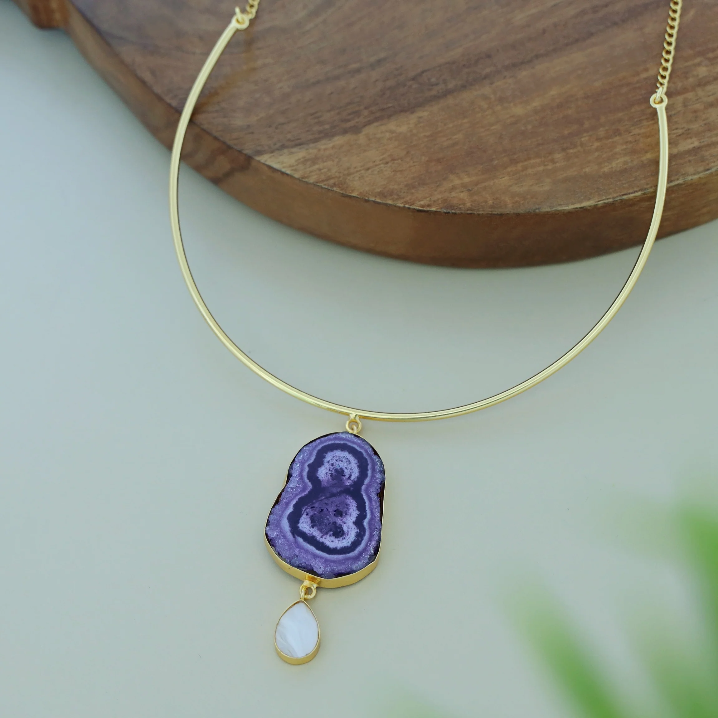 Golden Neck Cuff With Agate + Mop Pendant - Image 5