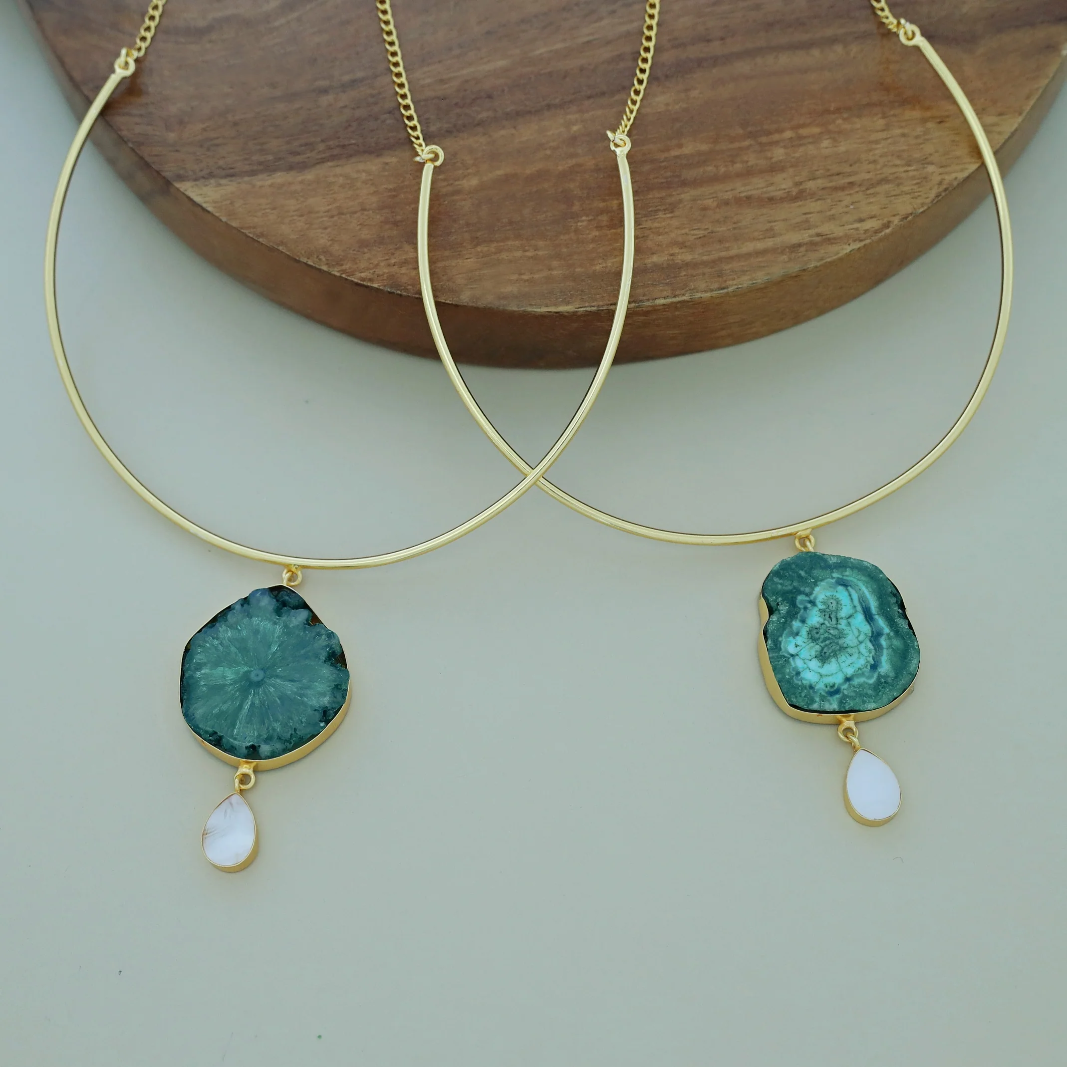 Golden Neck Cuff With Agate + Mop Pendant - Image 7