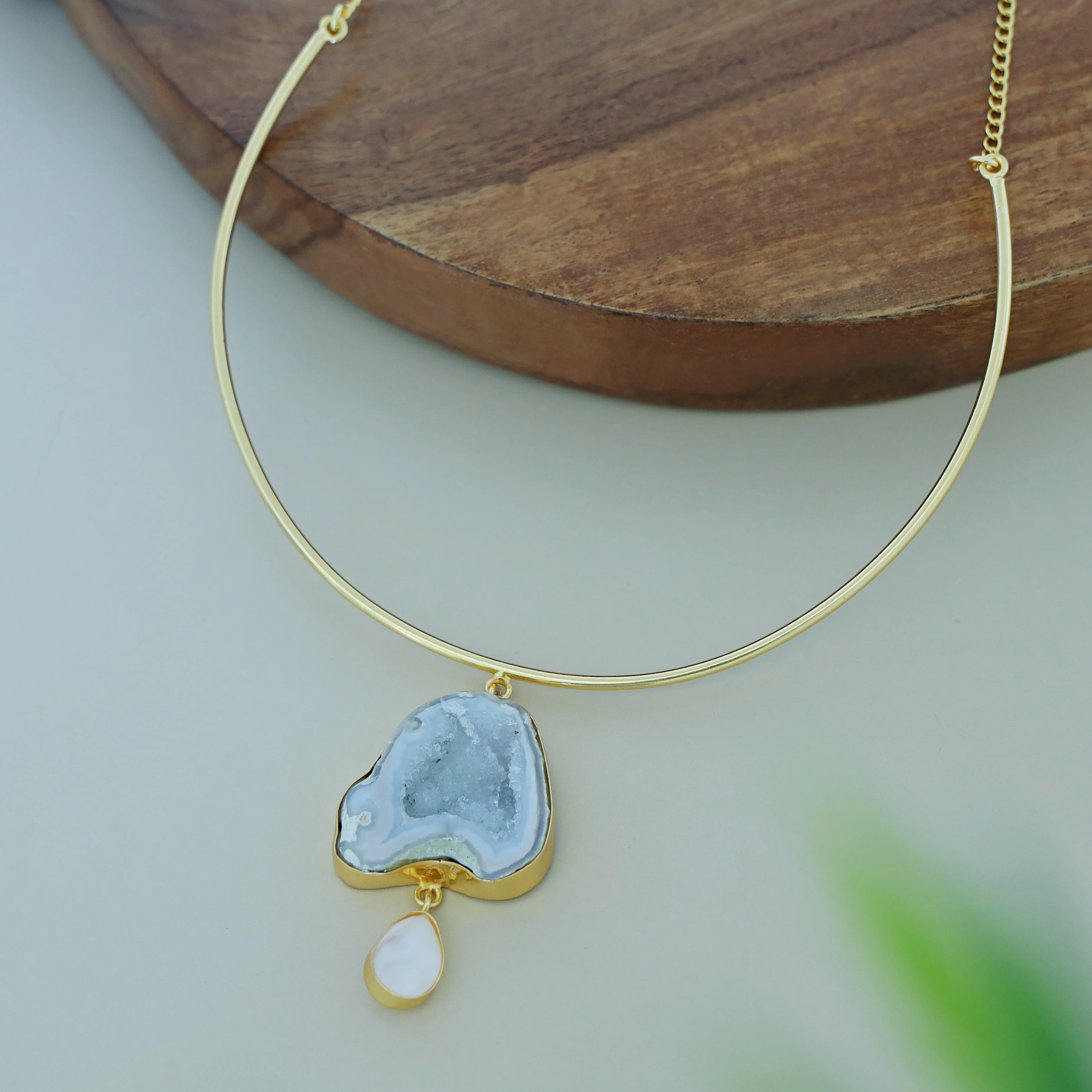 Golden Neck Cuff With Agate + Mop Pendant - Image 8