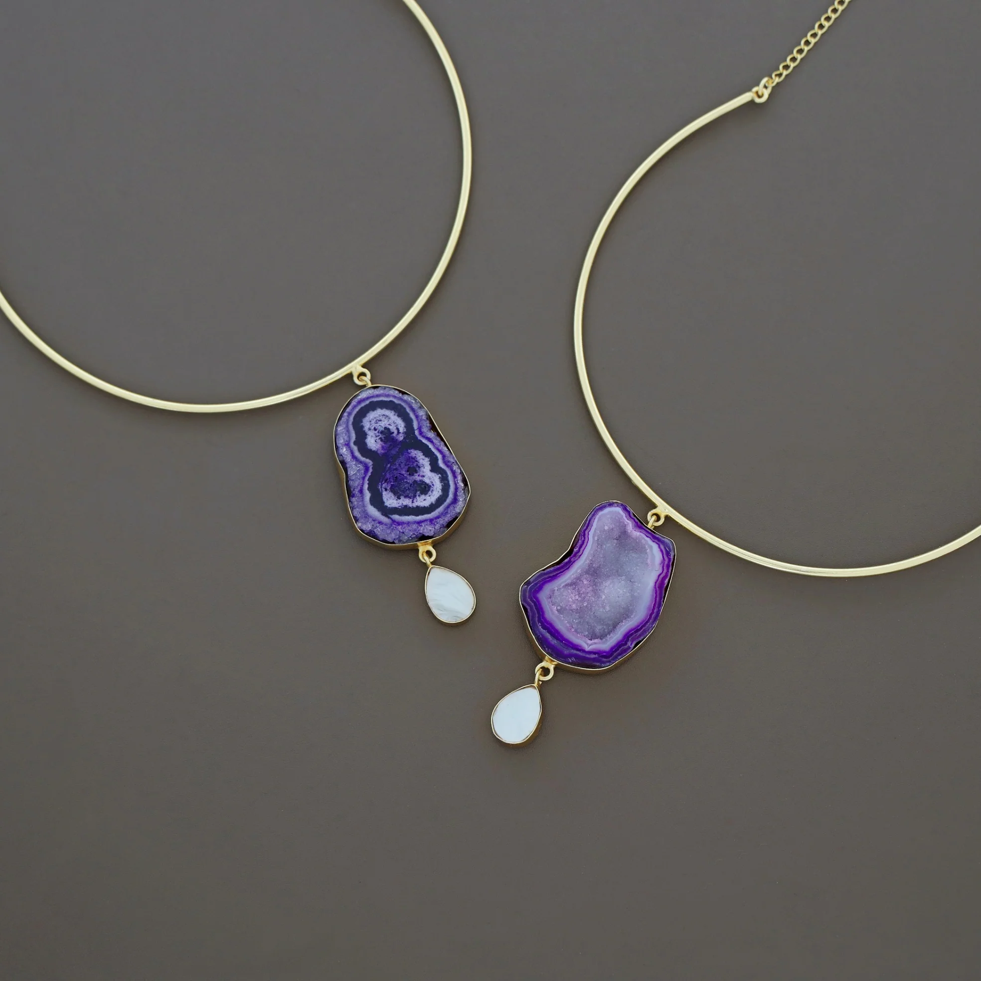 Golden Neck Cuff With Agate + Mop Pendant - Image 9