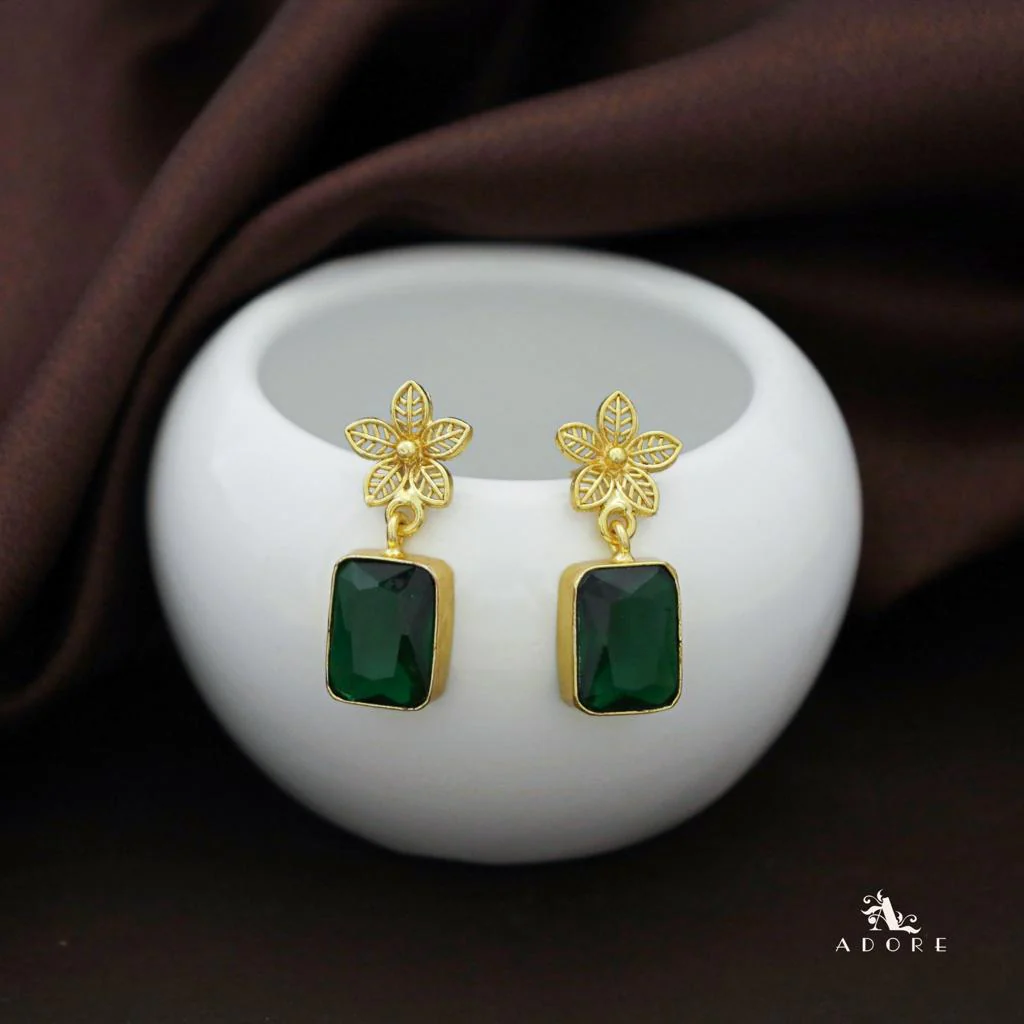 Golden Night Flower Glossy Rectangle Earring - Image 2