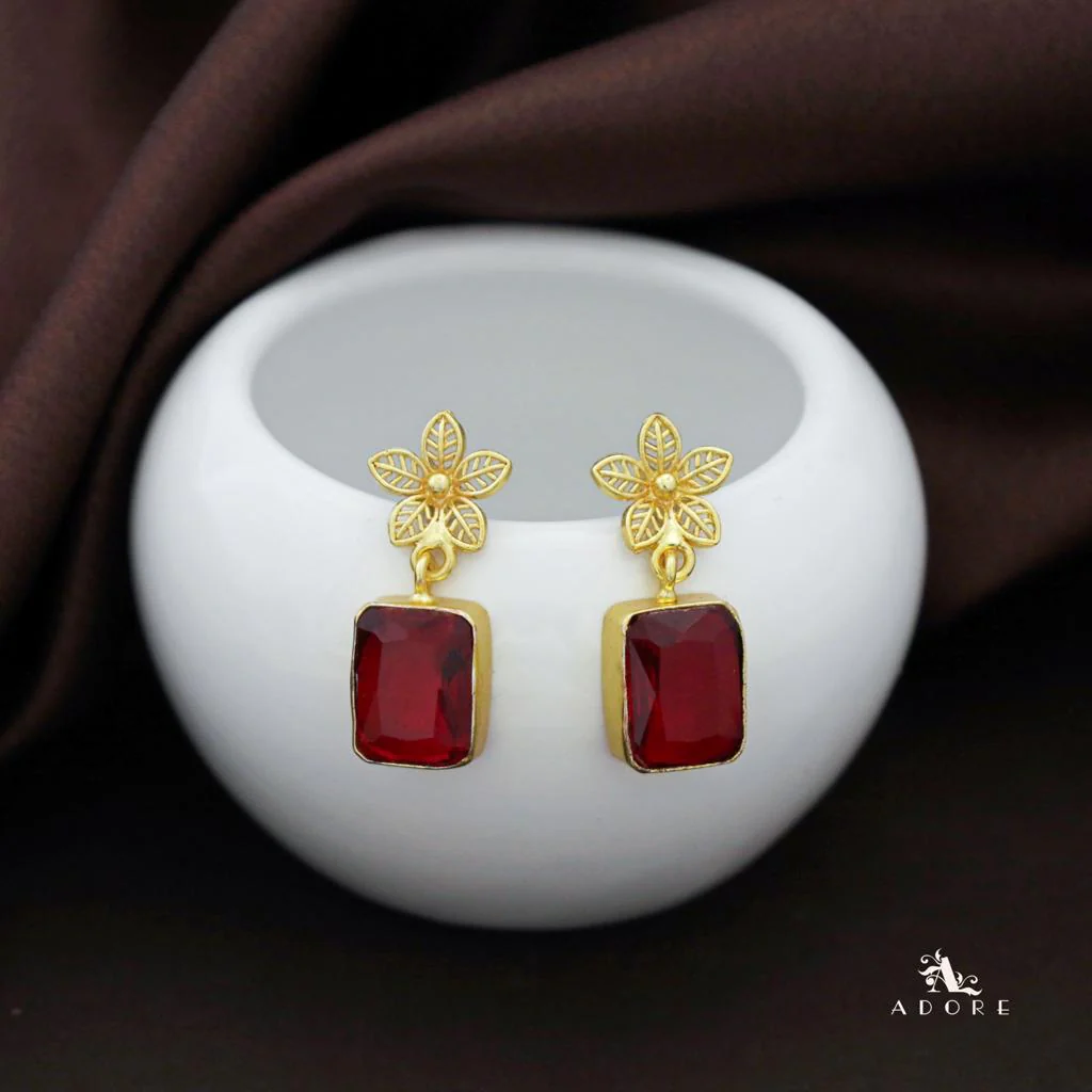 Golden Night Flower Glossy Rectangle Earring - Image 3