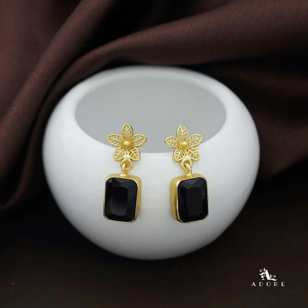 Golden Night Flower Glossy Rectangle Earring - Image 4