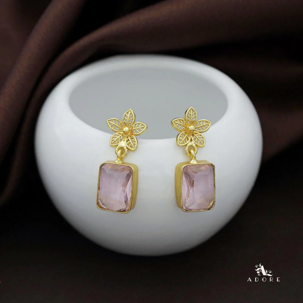 Golden Night Flower Glossy Rectangle Earring - Image 5