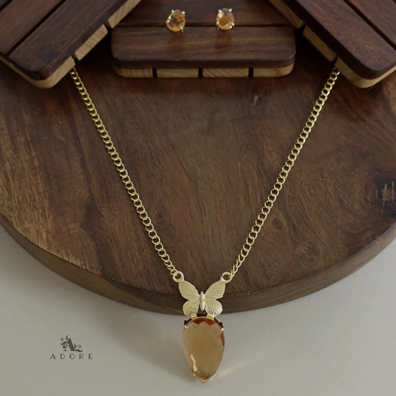 Golden Papillon Glossy Drop Long Neckpiece With Stud - Image 11