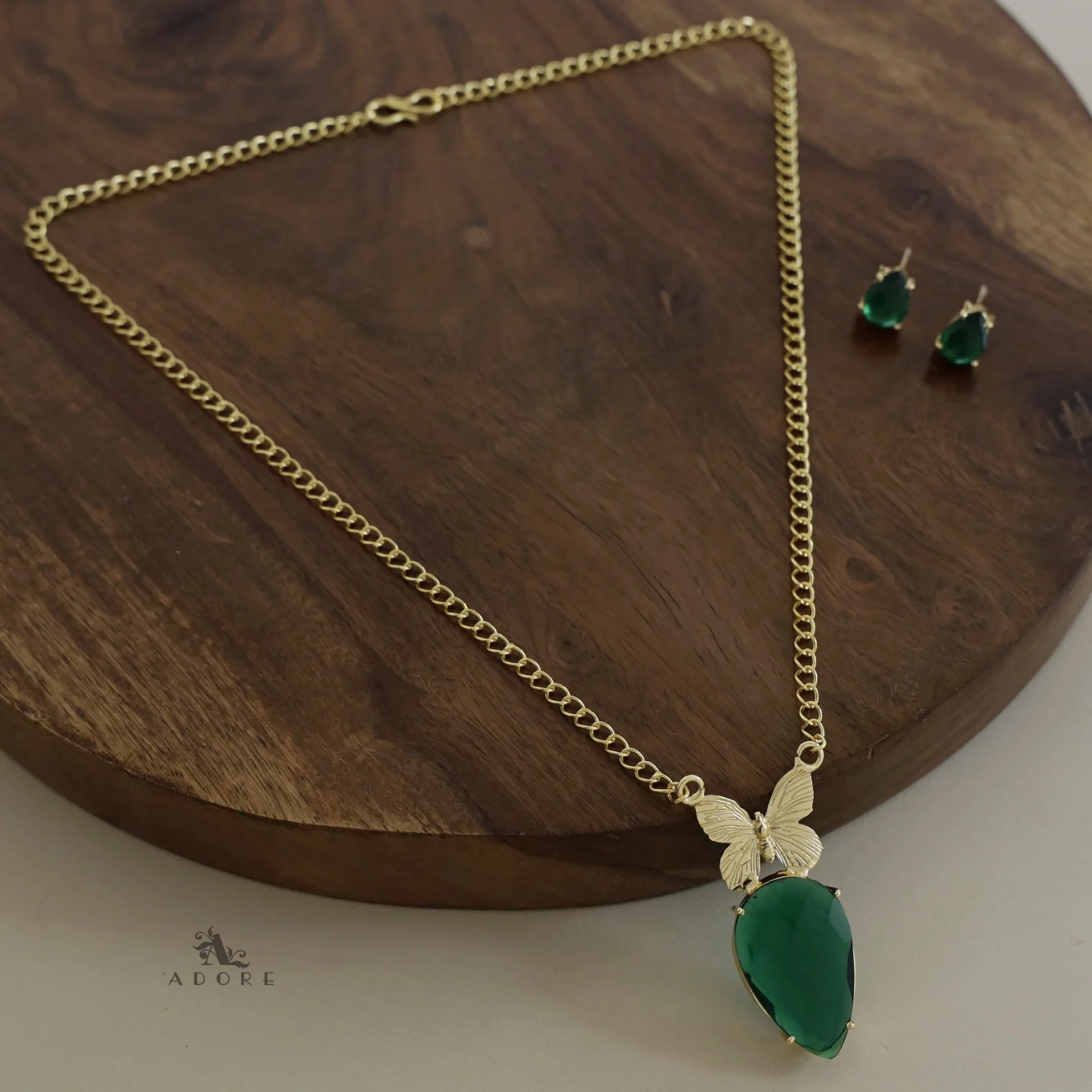 Golden Papillon Glossy Drop Long Neckpiece With Stud - Image 12