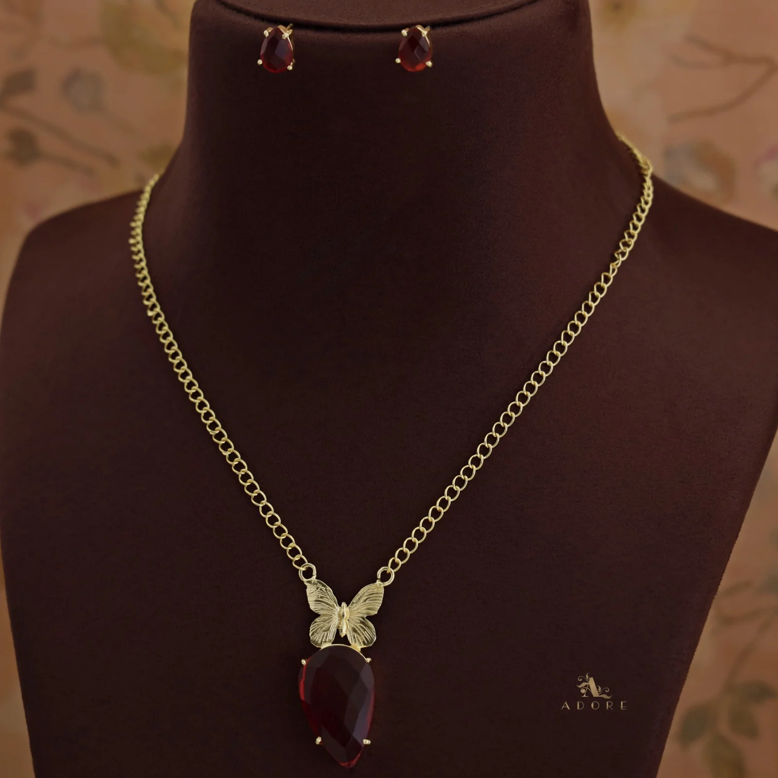 Golden Papillon Glossy Drop Long Neckpiece With Stud - Image 2