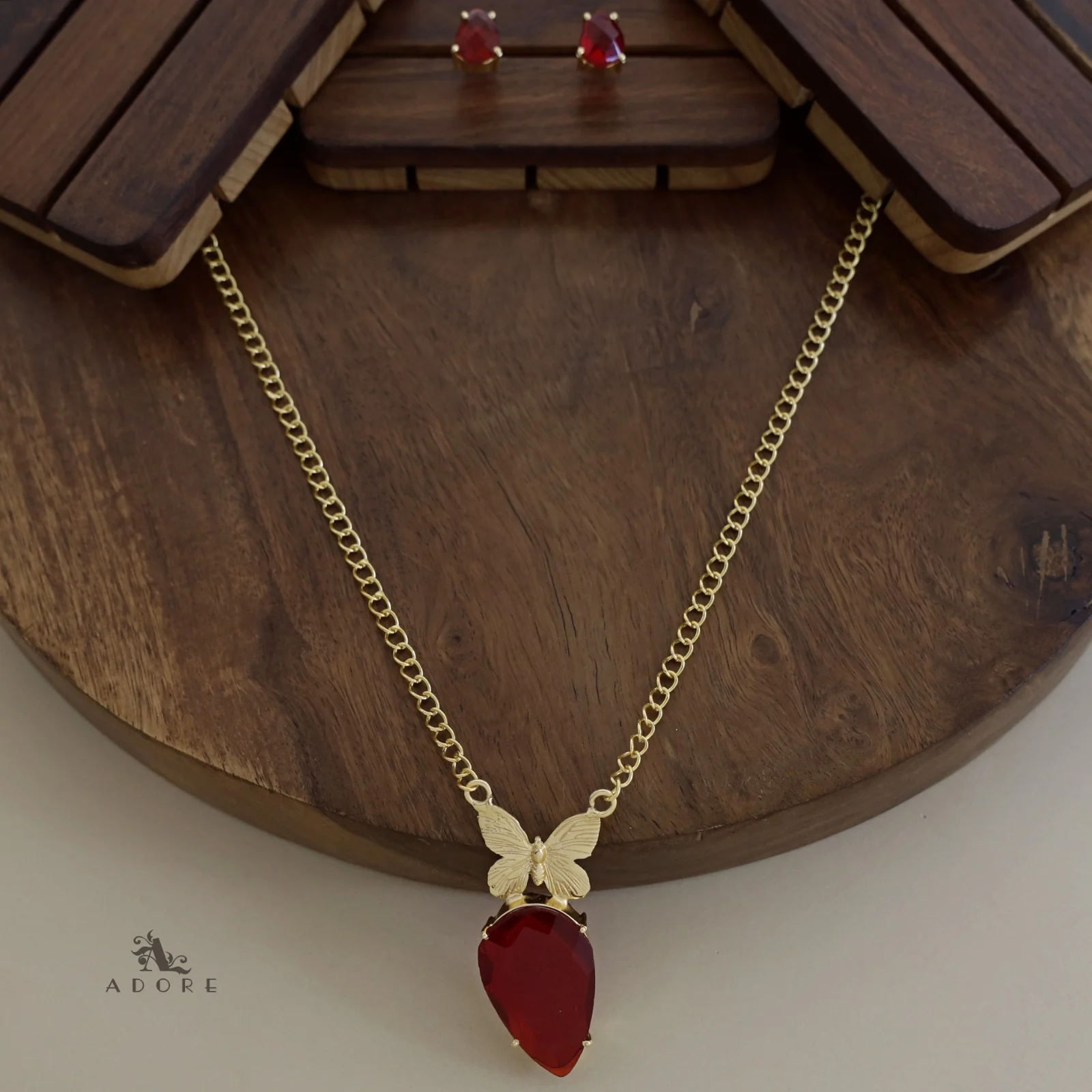 Golden Papillon Glossy Drop Long Neckpiece With Stud - Image 6