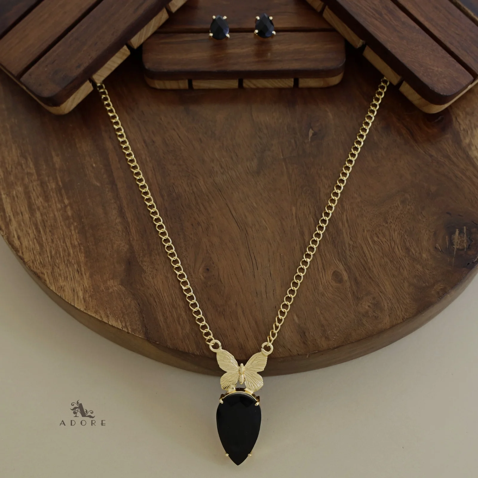 Golden Papillon Glossy Drop Long Neckpiece With Stud - Image 9