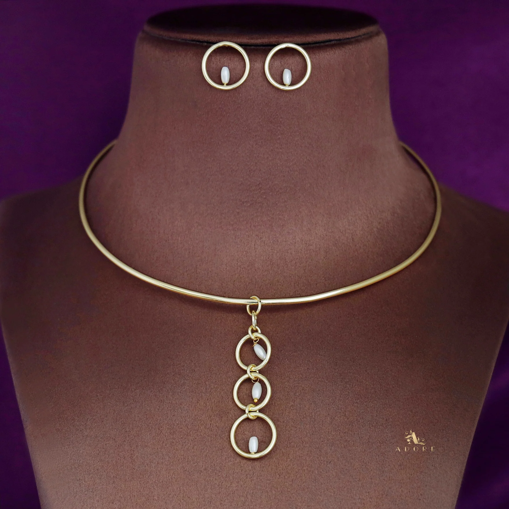 Golden Pearl Drop Neck Cuff With Earring - Image 2