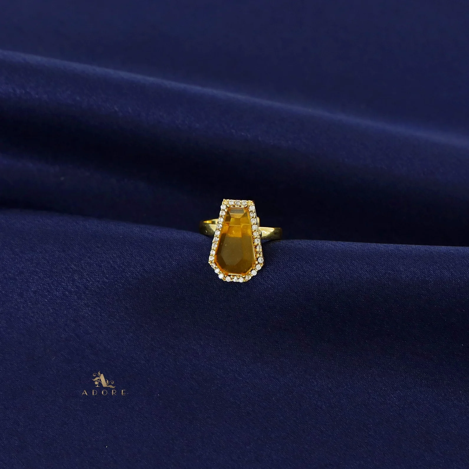 Golden Hexagon Glossy Stone Ring - Image 2