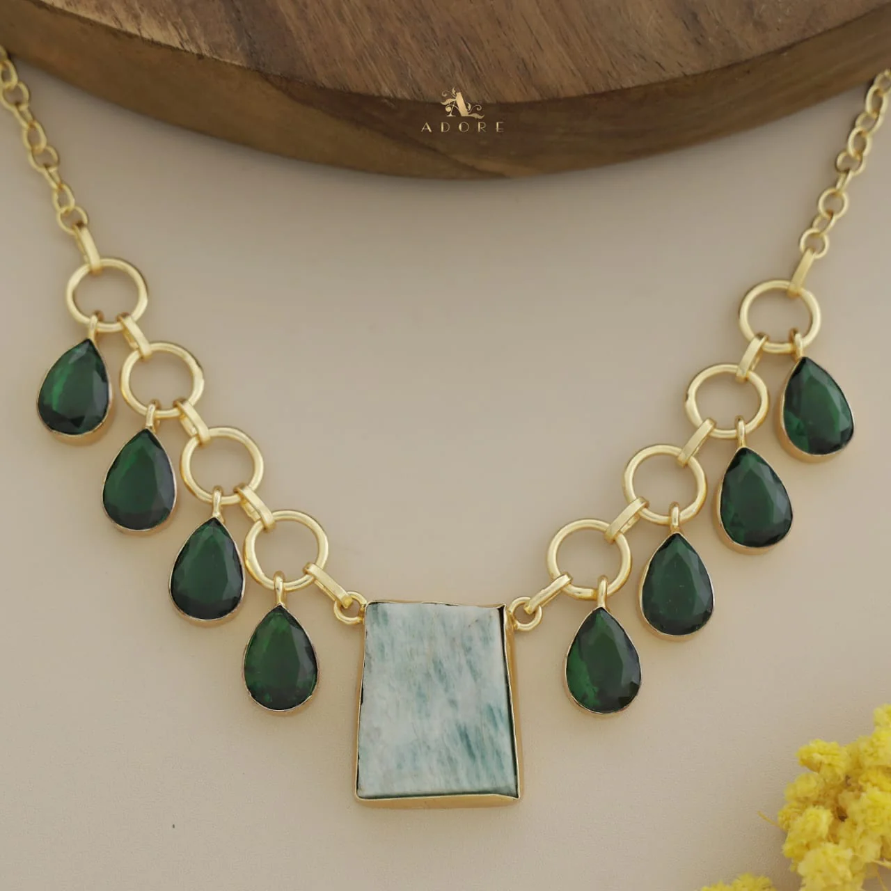 Golden Raw Stone + Round Glossy Drops Neckpiece - Image 2