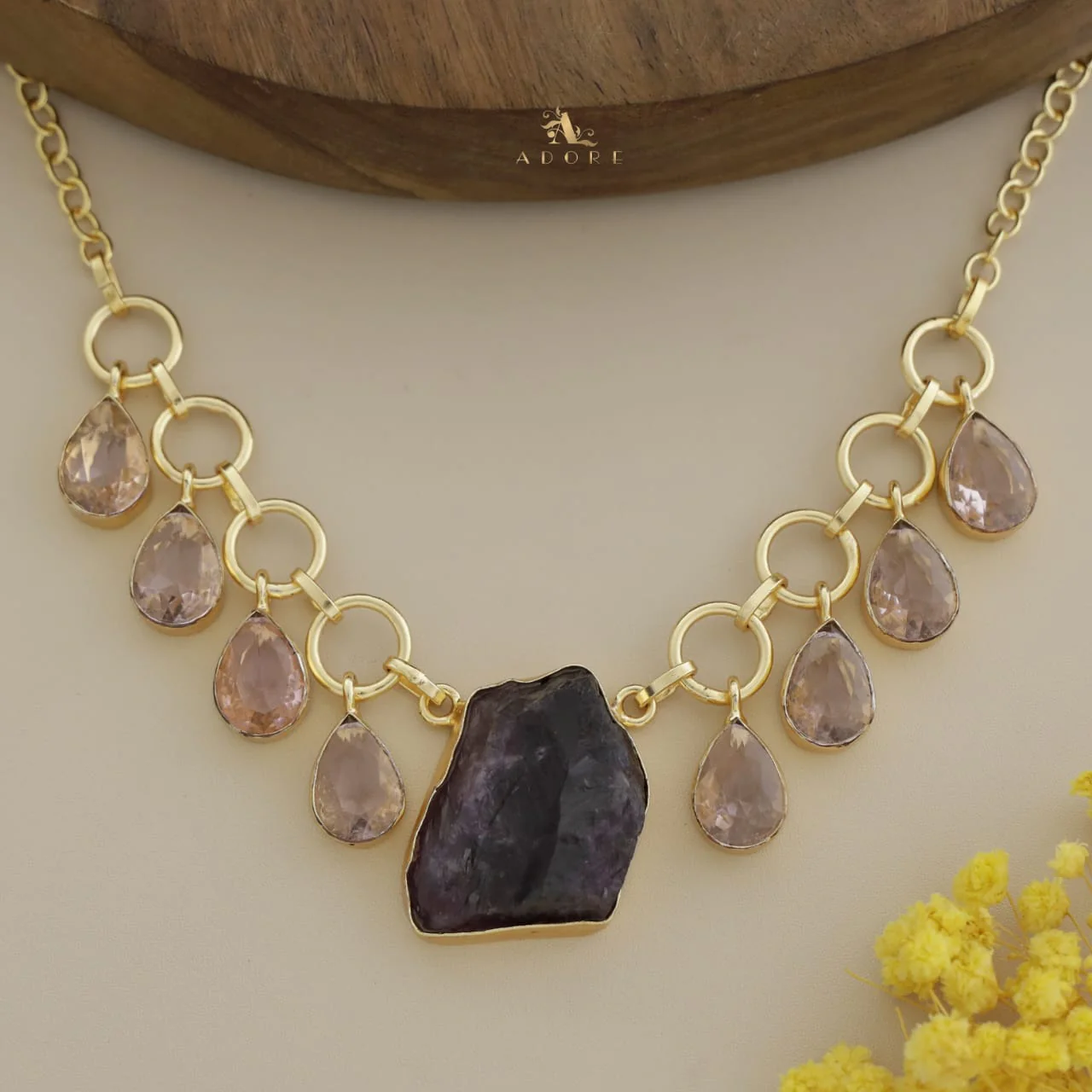Golden Raw Stone + Round Glossy Drops Neckpiece - Image 3