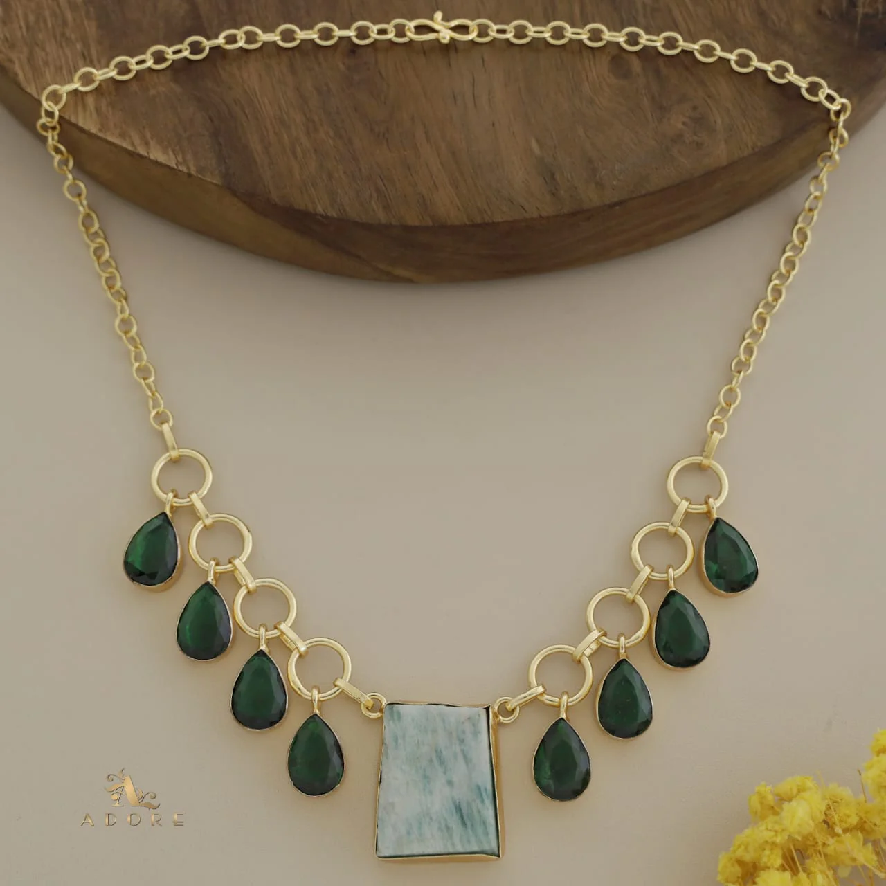 Golden Raw Stone + Round Glossy Drops Neckpiece - Image 5