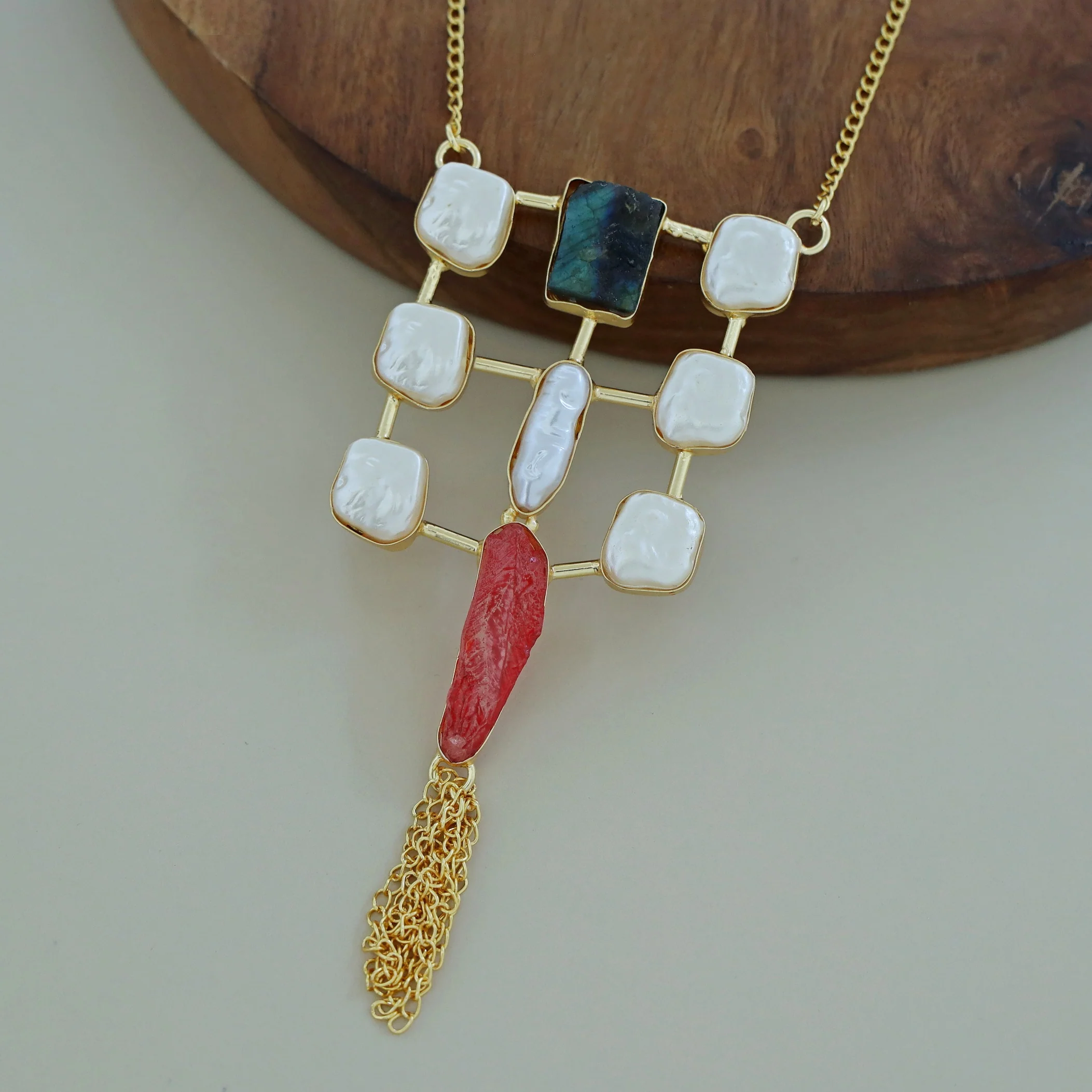 Golden Real Baroque + Dyed + Raw Stone Long Neckpiece - Image 12