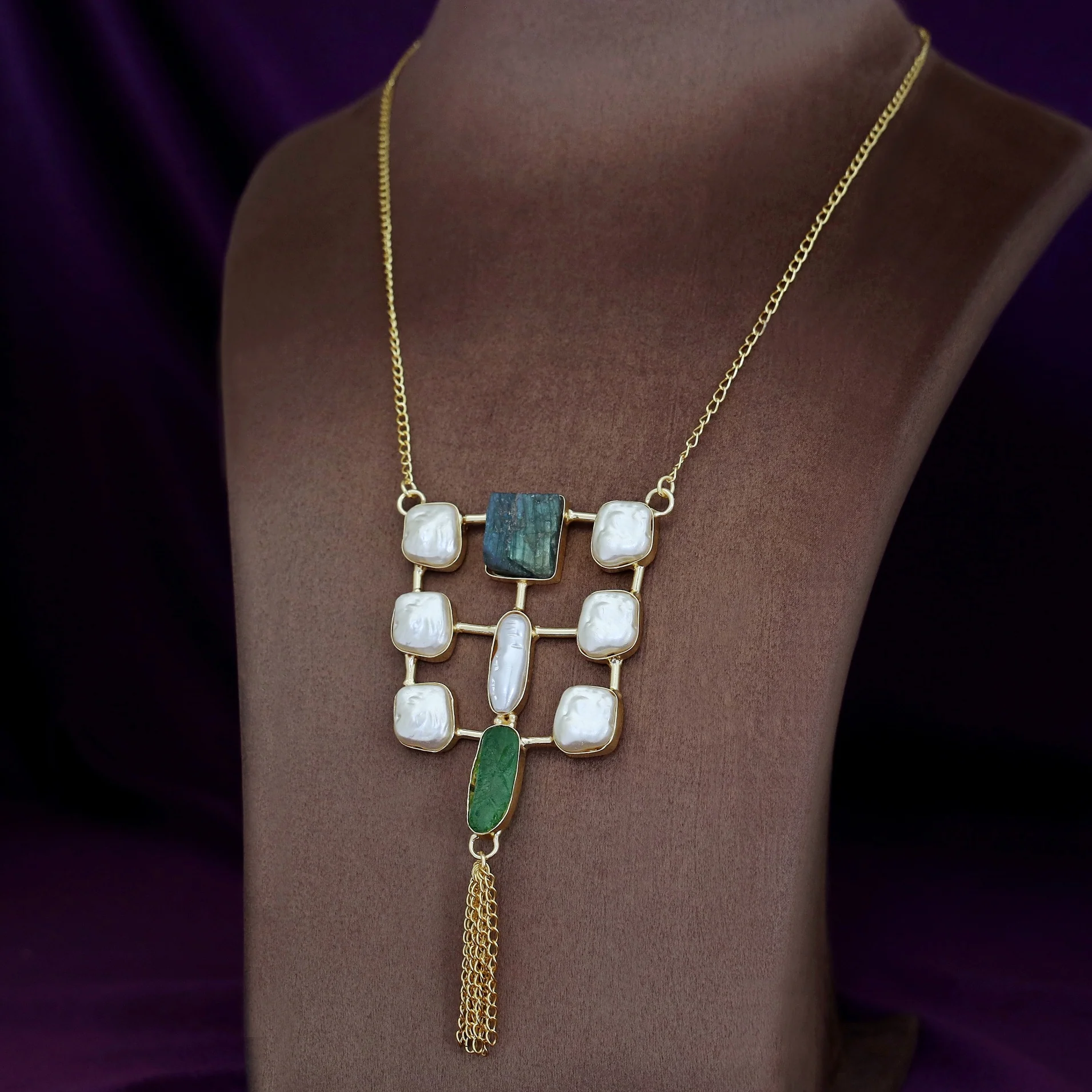 Golden Real Baroque + Dyed + Raw Stone Long Neckpiece - Image 2