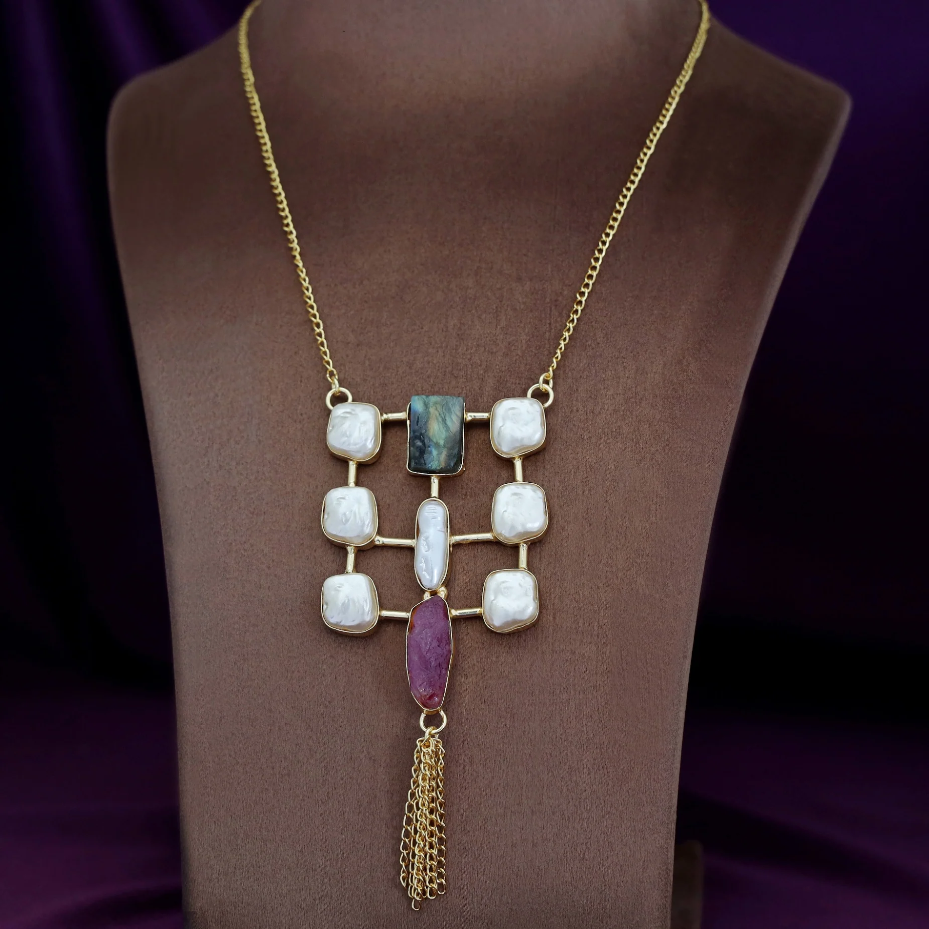 Golden Real Baroque + Dyed + Raw Stone Long Neckpiece - Image 3