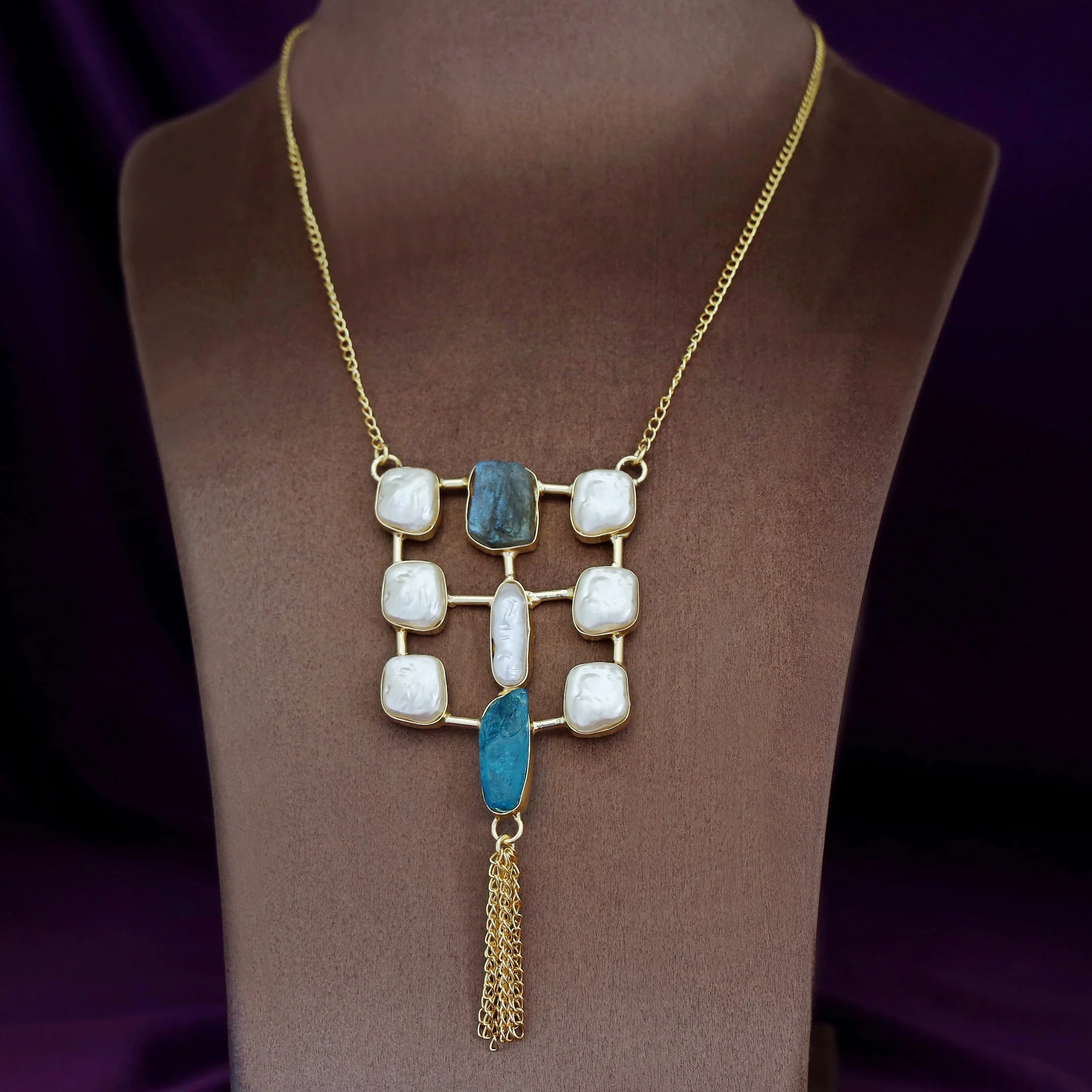 Golden Real Baroque + Dyed + Raw Stone Long Neckpiece - Image 4