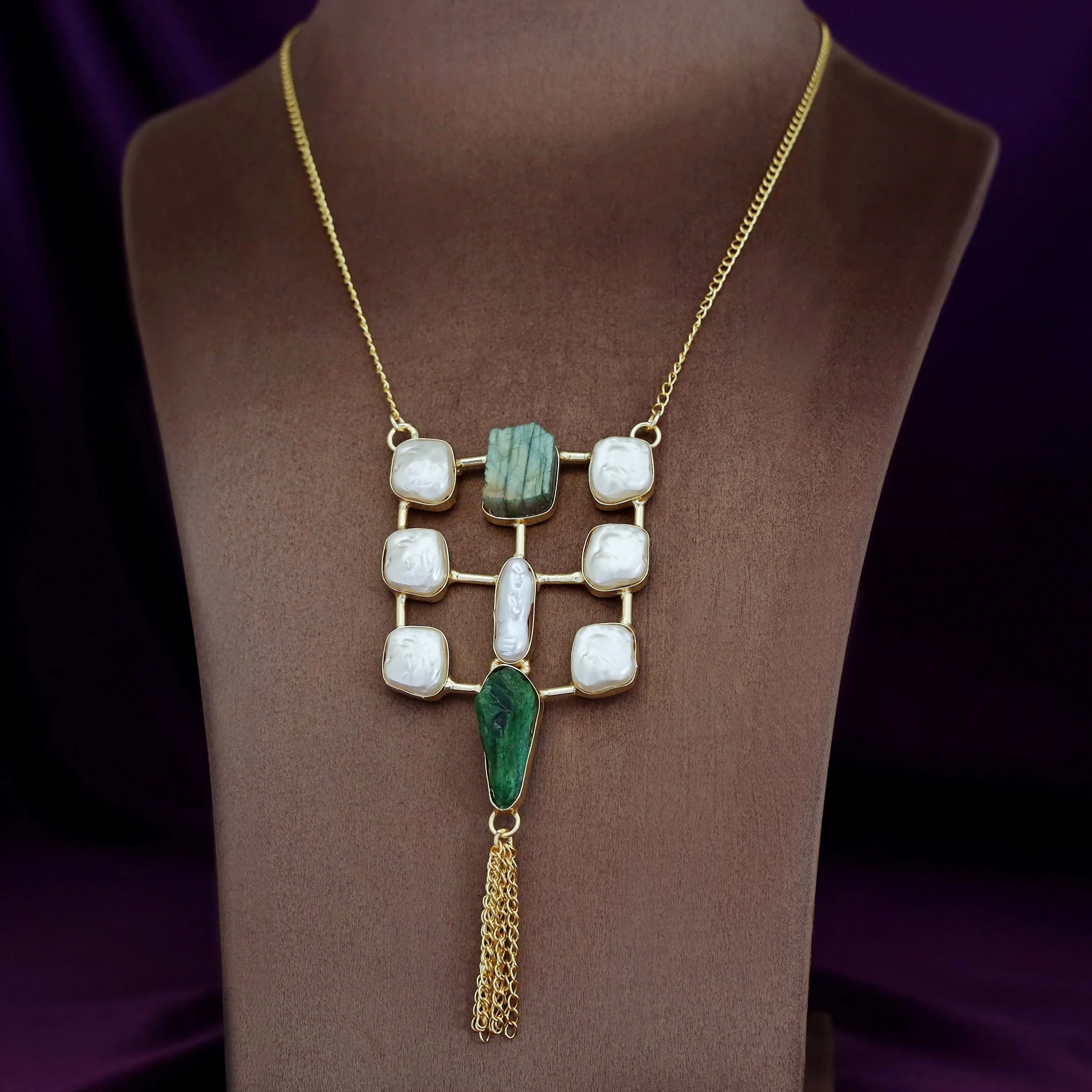 Golden Real Baroque + Dyed + Raw Stone Long Neckpiece - Image 5