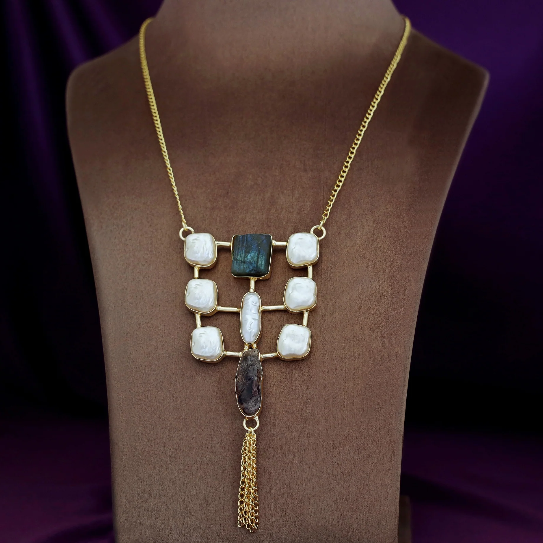 Golden Real Baroque + Dyed + Raw Stone Long Neckpiece - Image 6