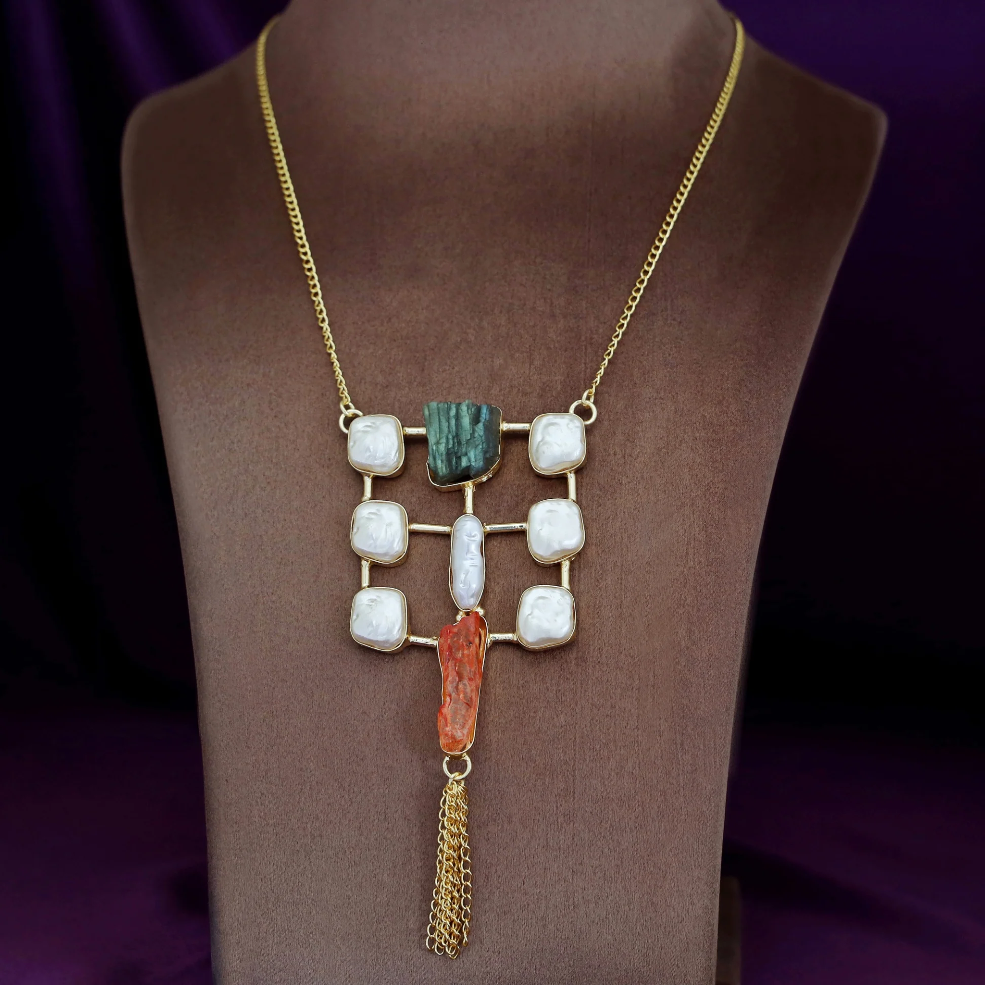 Golden Real Baroque + Dyed + Raw Stone Long Neckpiece - Image 7