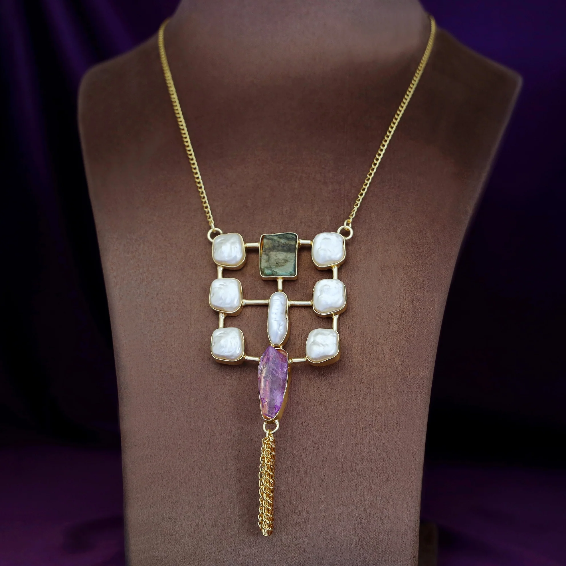 Golden Real Baroque + Dyed + Raw Stone Long Neckpiece - Image 8