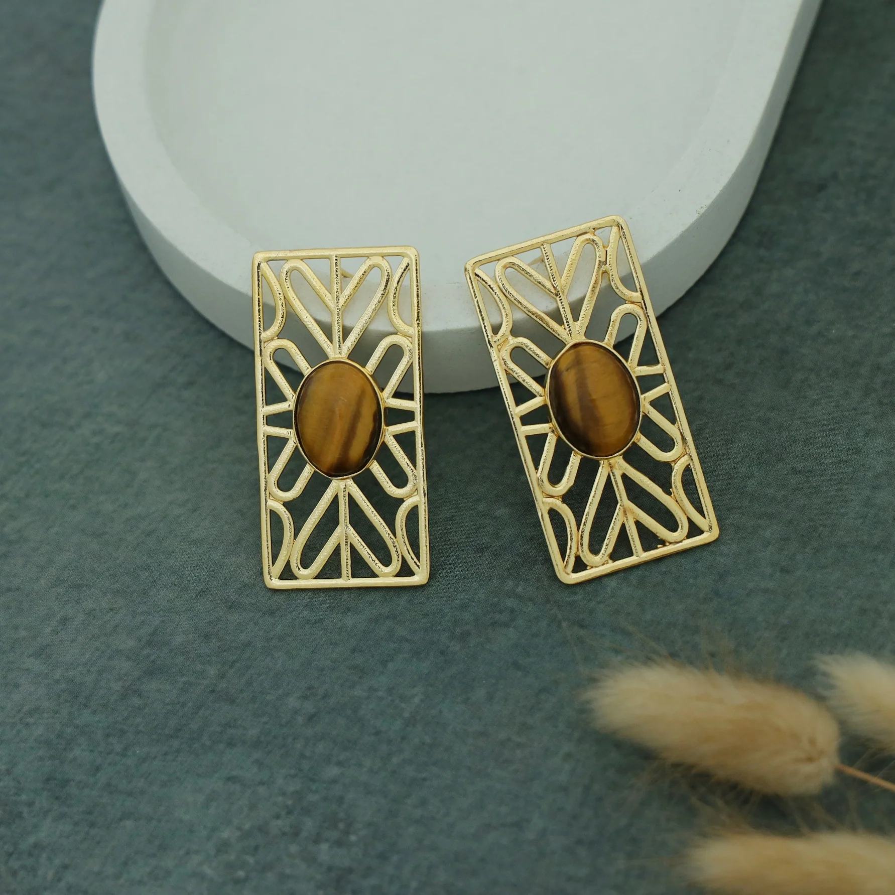Golden Frame Rectangle Oval Natural Stone Earring - Image 2