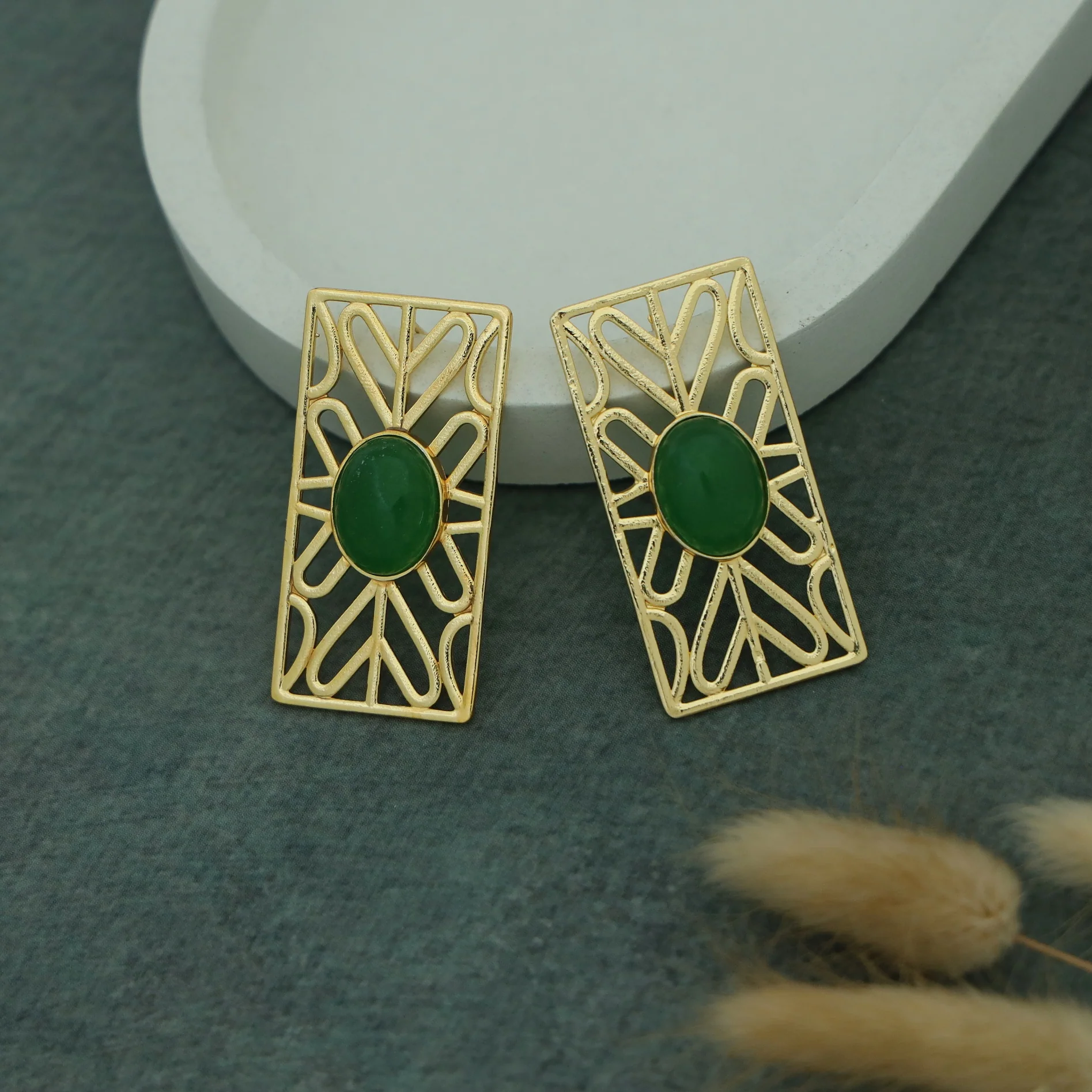 Golden Frame Rectangle Oval Natural Stone Earring - Image 3