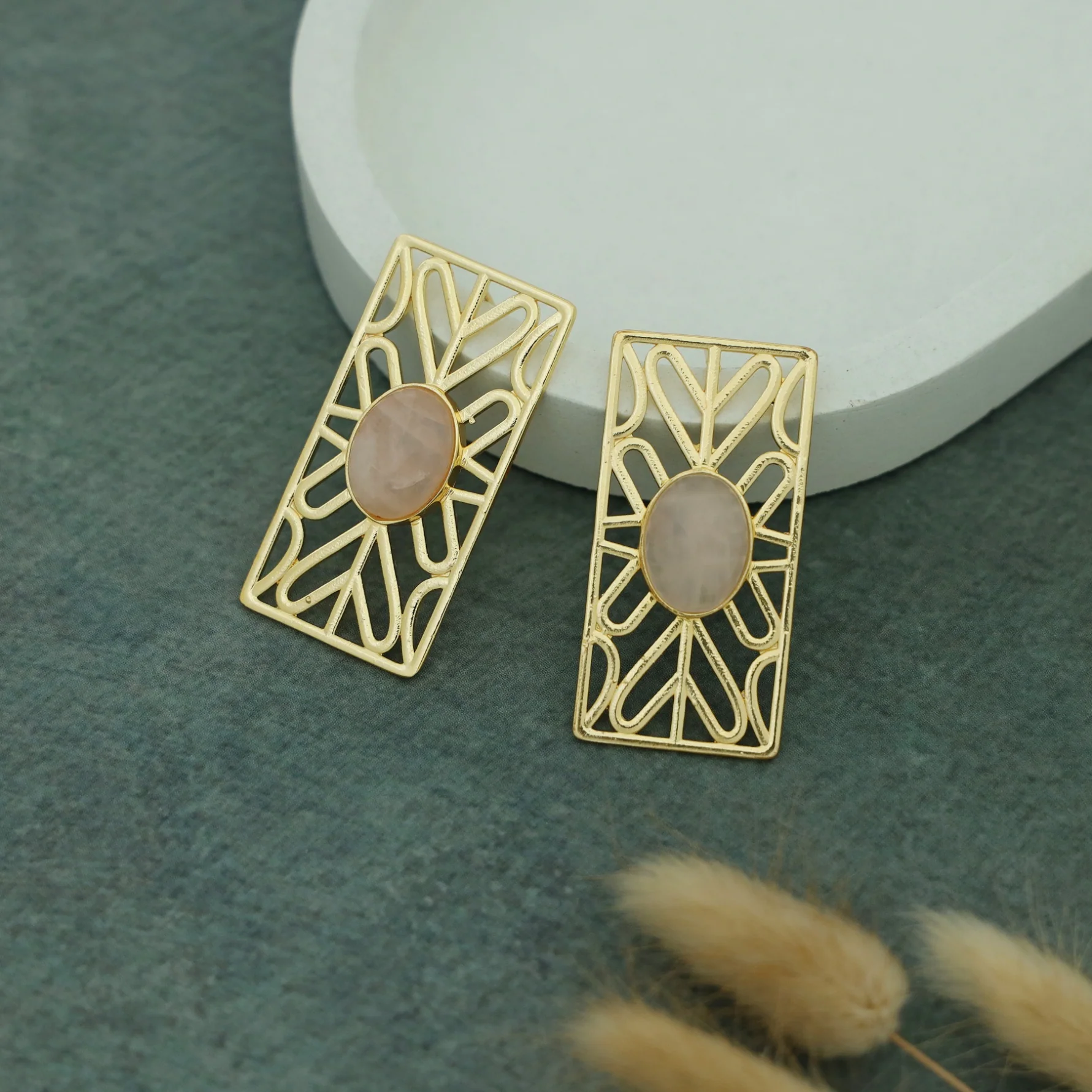 Golden Frame Rectangle Oval Natural Stone Earring - Image 4
