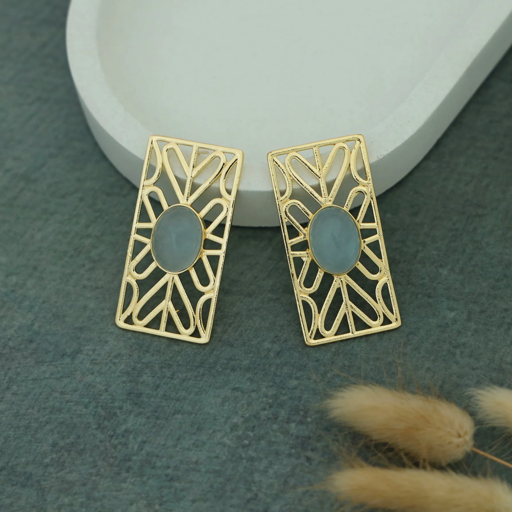 Golden Frame Rectangle Oval Natural Stone Earring - Image 5