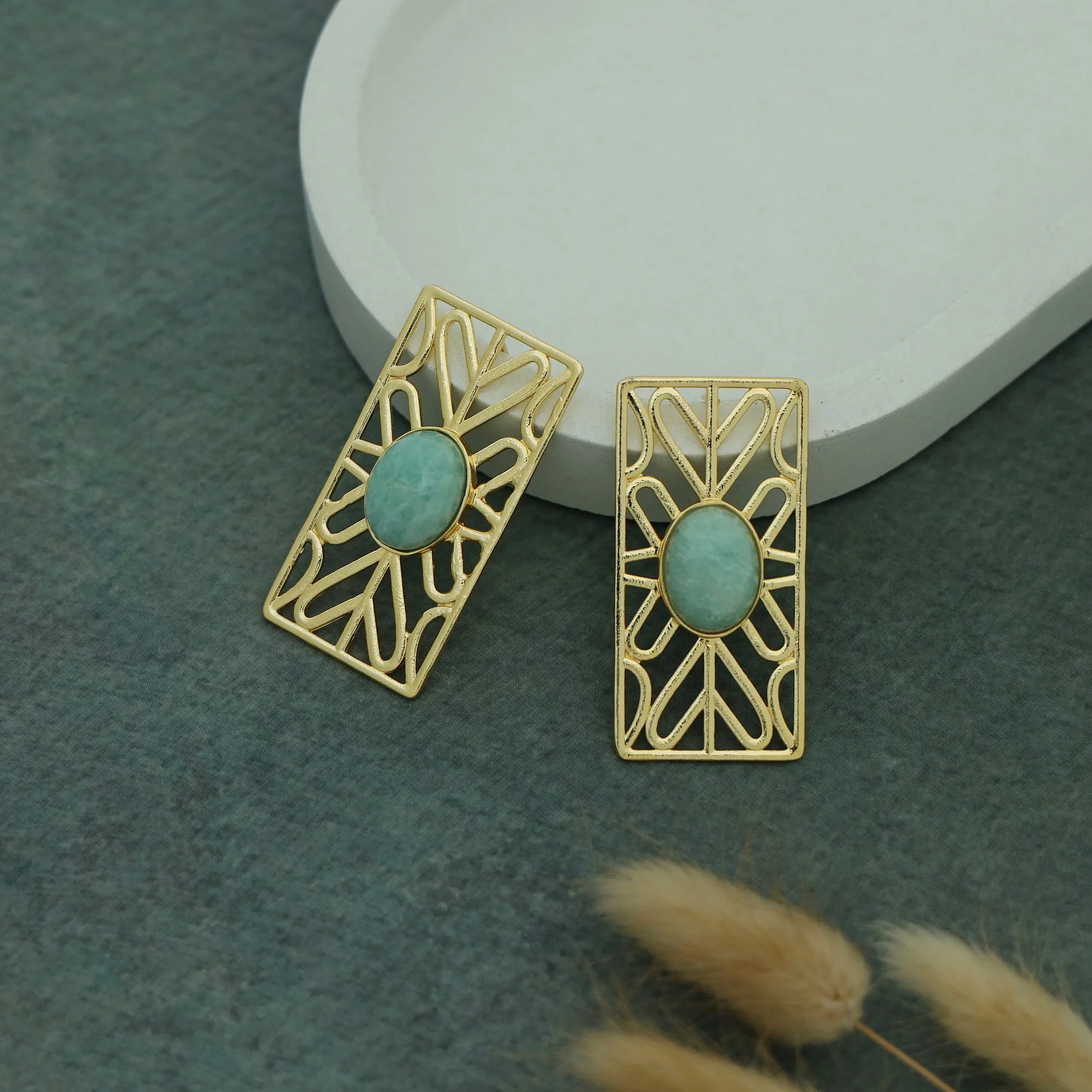 Golden Frame Rectangle Oval Natural Stone Earring - Image 6