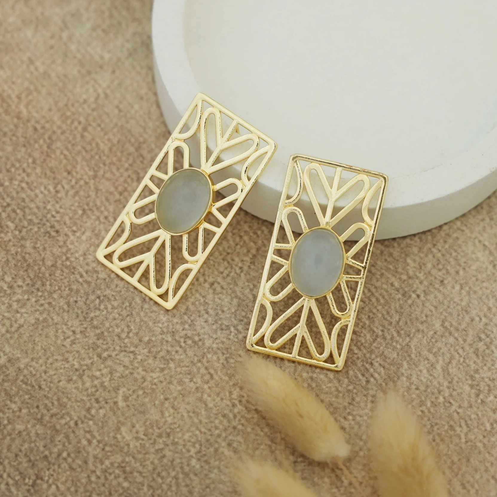 Golden Frame Rectangle Oval Natural Stone Earring - Image 7