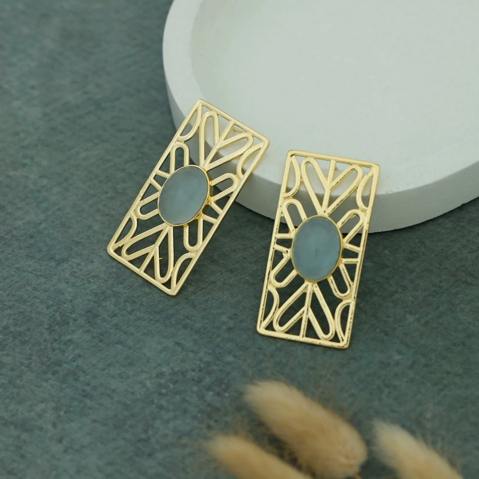 Golden Frame Rectangle Oval Natural Stone Earring - Image 8