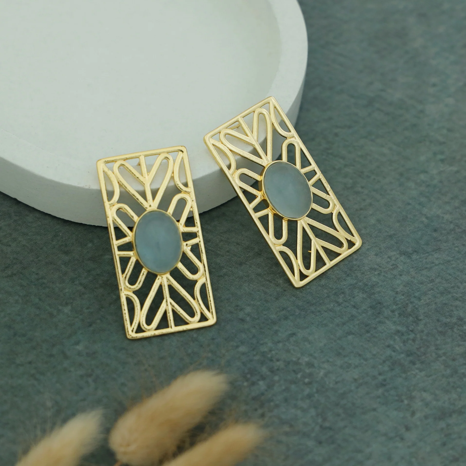 Golden Frame Rectangle Oval Natural Stone Earring - Image 9