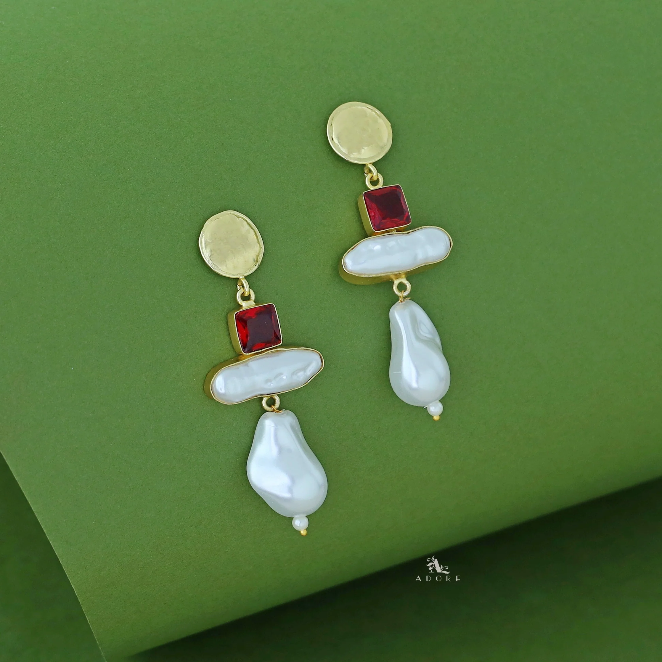 Golden Round Glossy Stone Baroque Earring - Image 2