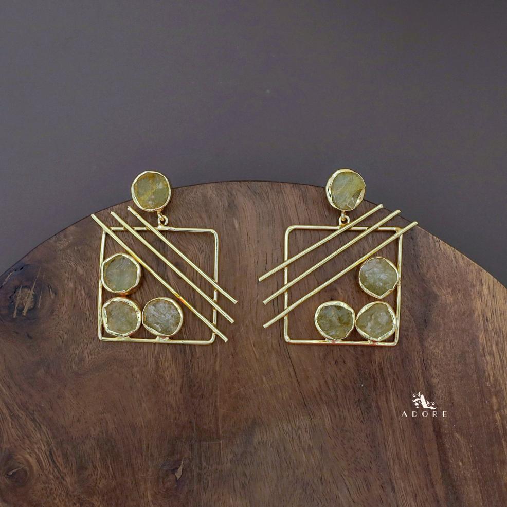 Golden Square Triple Line Raw Stone Earring - Image 10