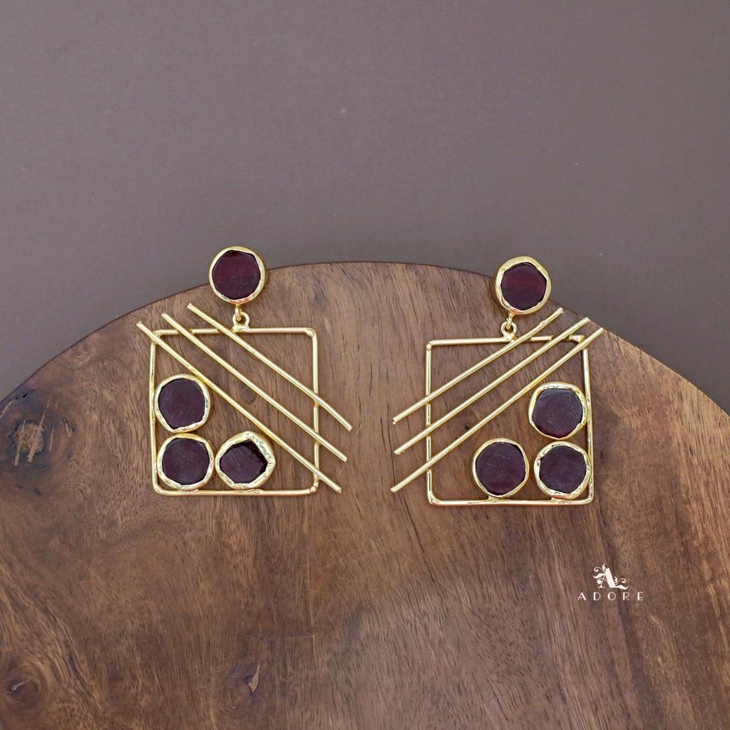 Golden Square Triple Line Raw Stone Earring - Image 11