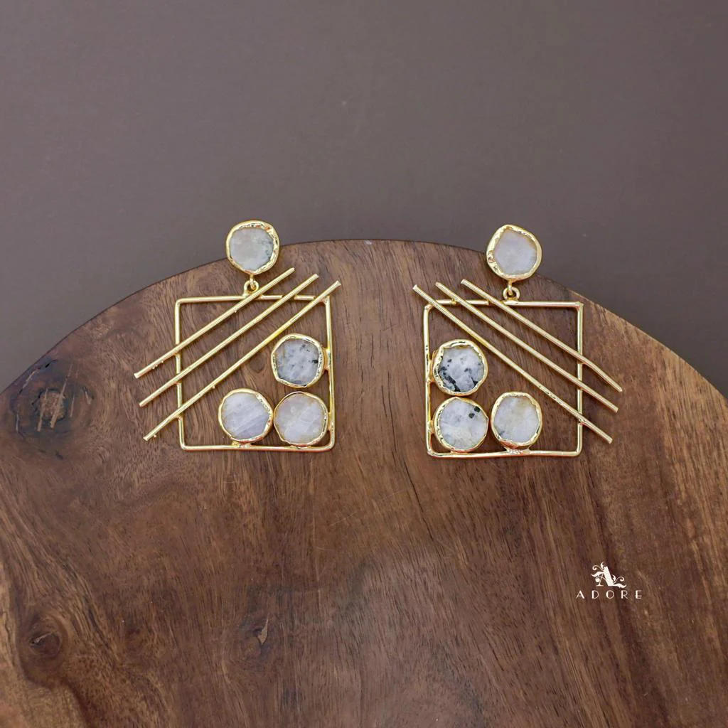 Golden Square Triple Line Raw Stone Earring - Image 13