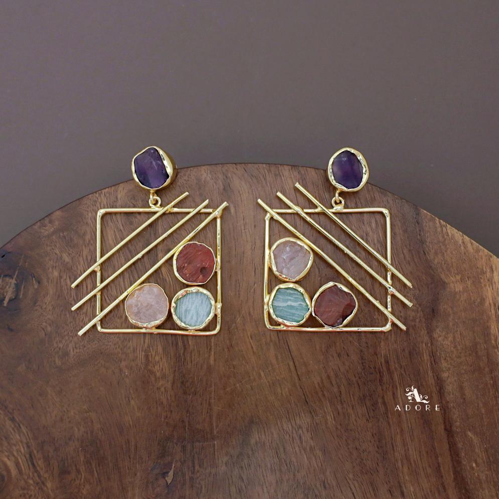 Golden Square Triple Line Raw Stone Earring - Image 14