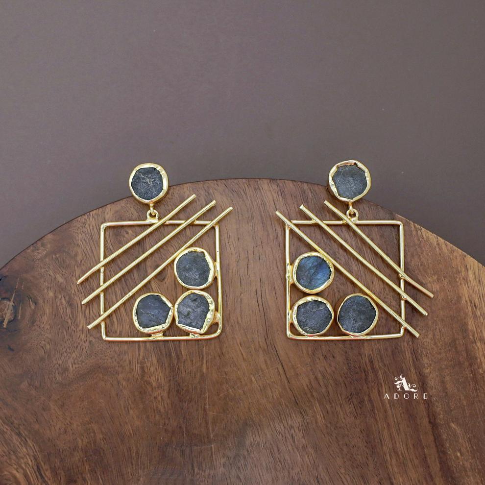 Golden Square Triple Line Raw Stone Earring - Image 15