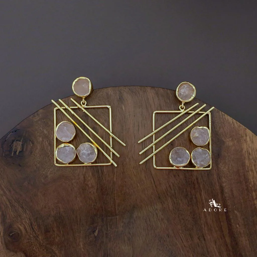 Golden Square Triple Line Raw Stone Earring - Image 16