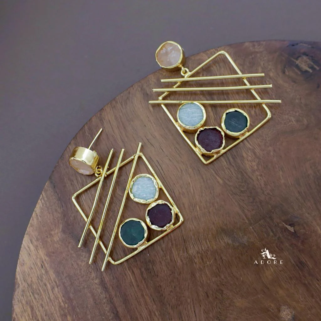 Golden Square Triple Line Raw Stone Earring - Image 17