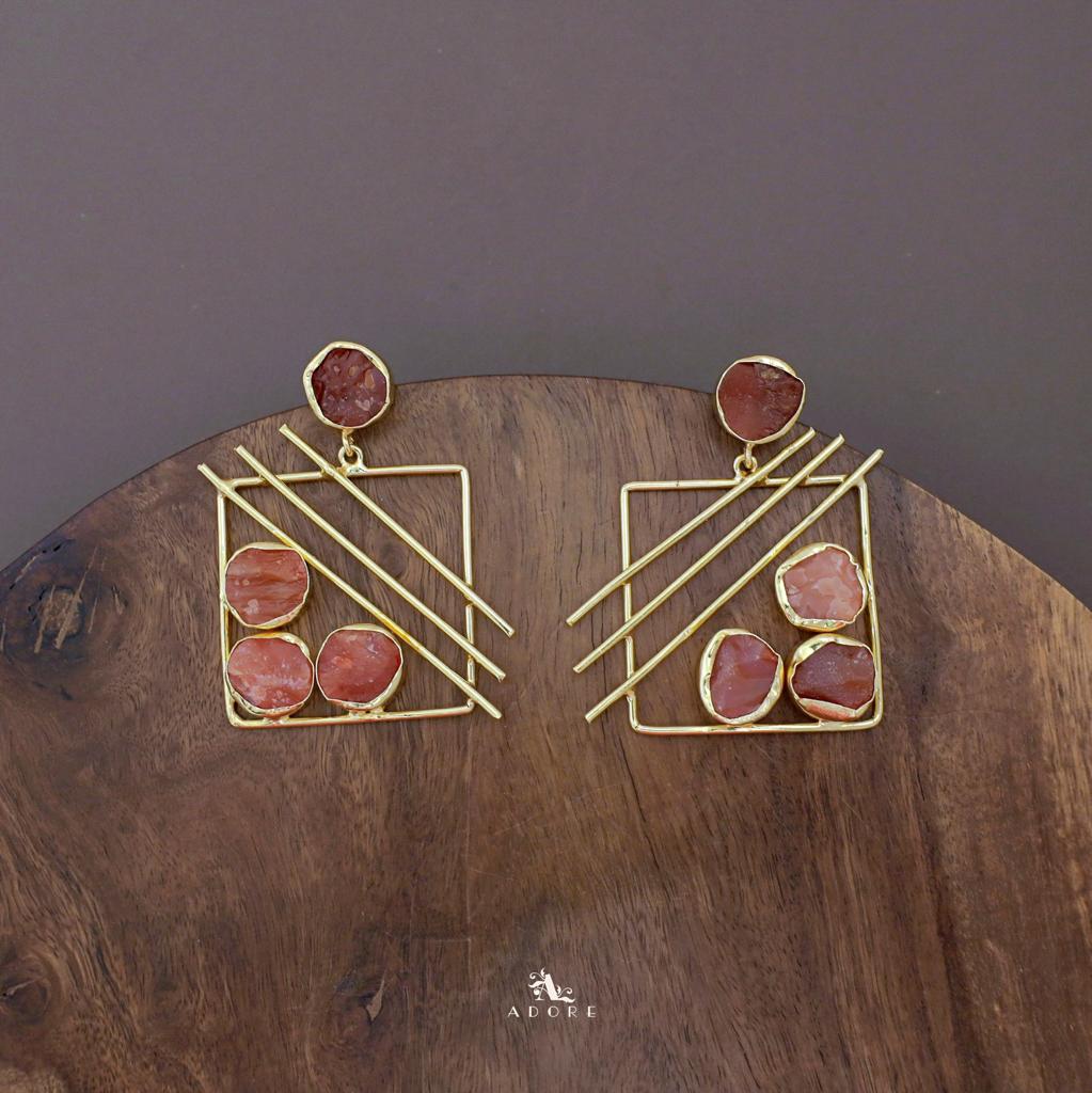 Golden Square Triple Line Raw Stone Earring - Image 18