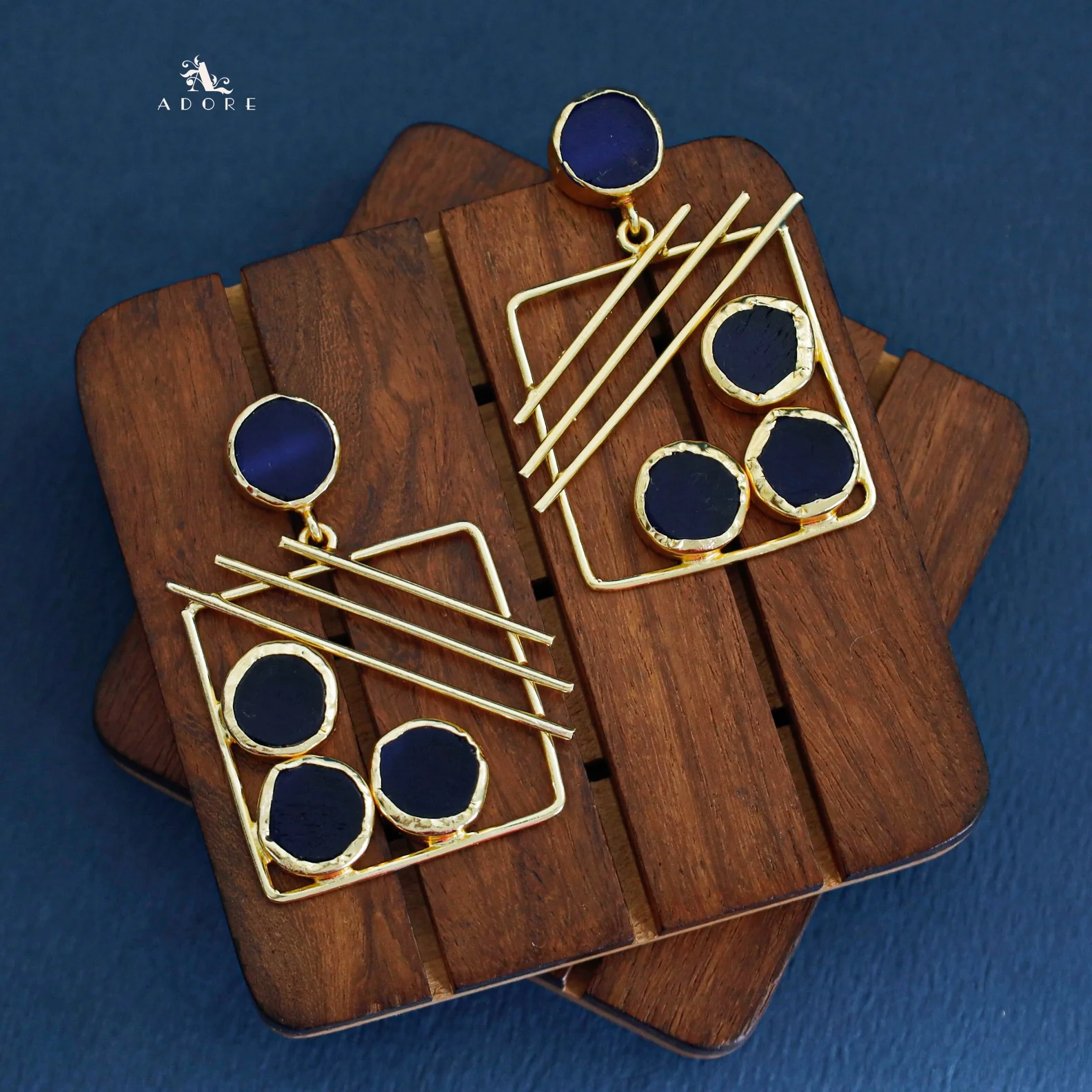 Golden Square Triple Line Raw Stone Earring - Image 19
