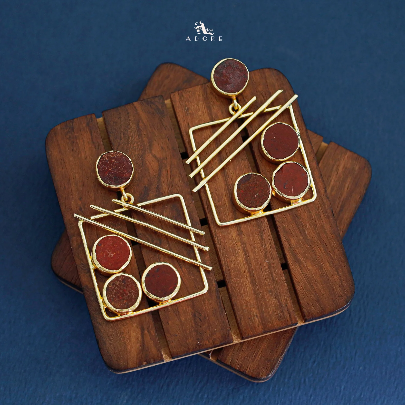 Golden Square Triple Line Raw Stone Earring - Image 20