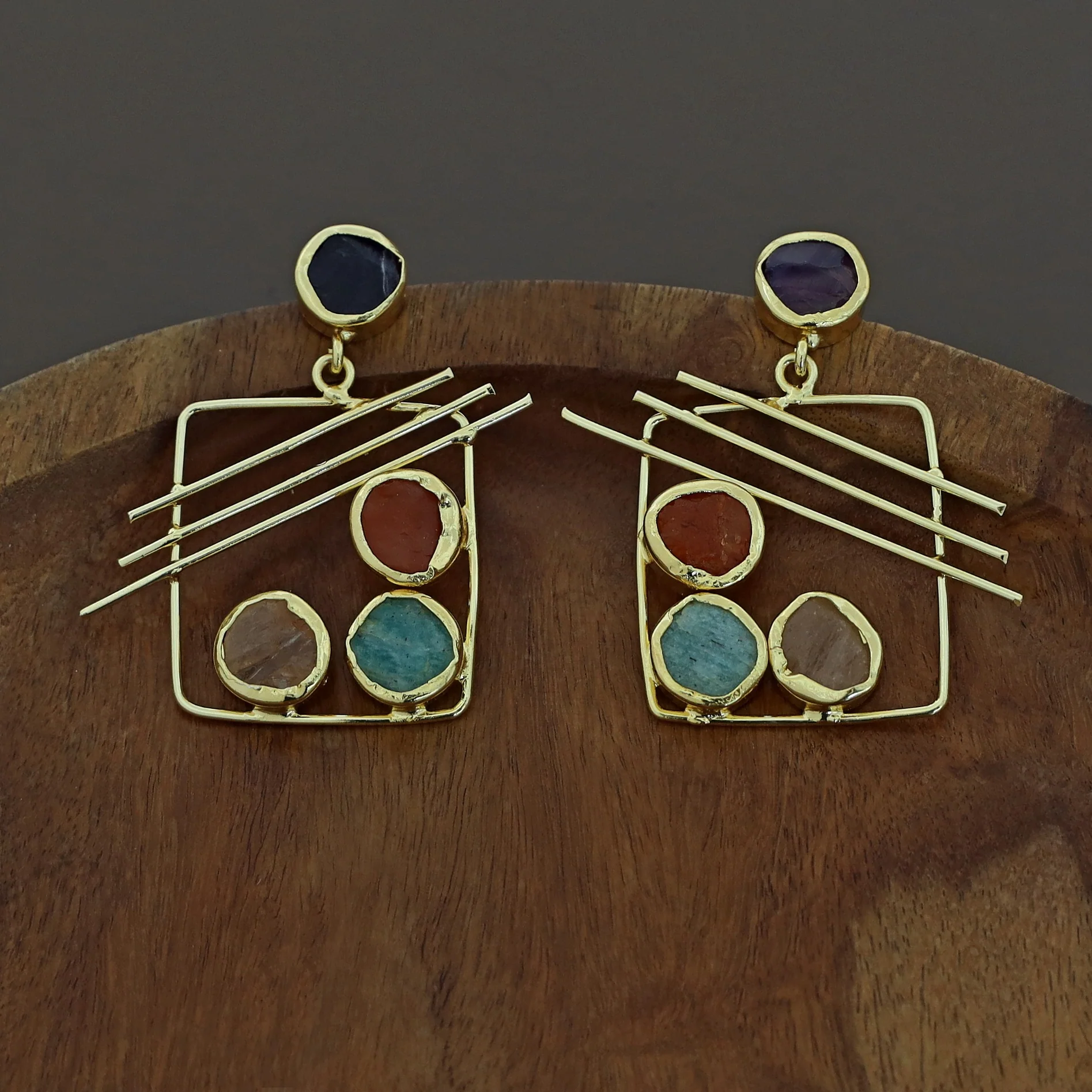 Golden Square Triple Line Raw Stone Earring - Image 21