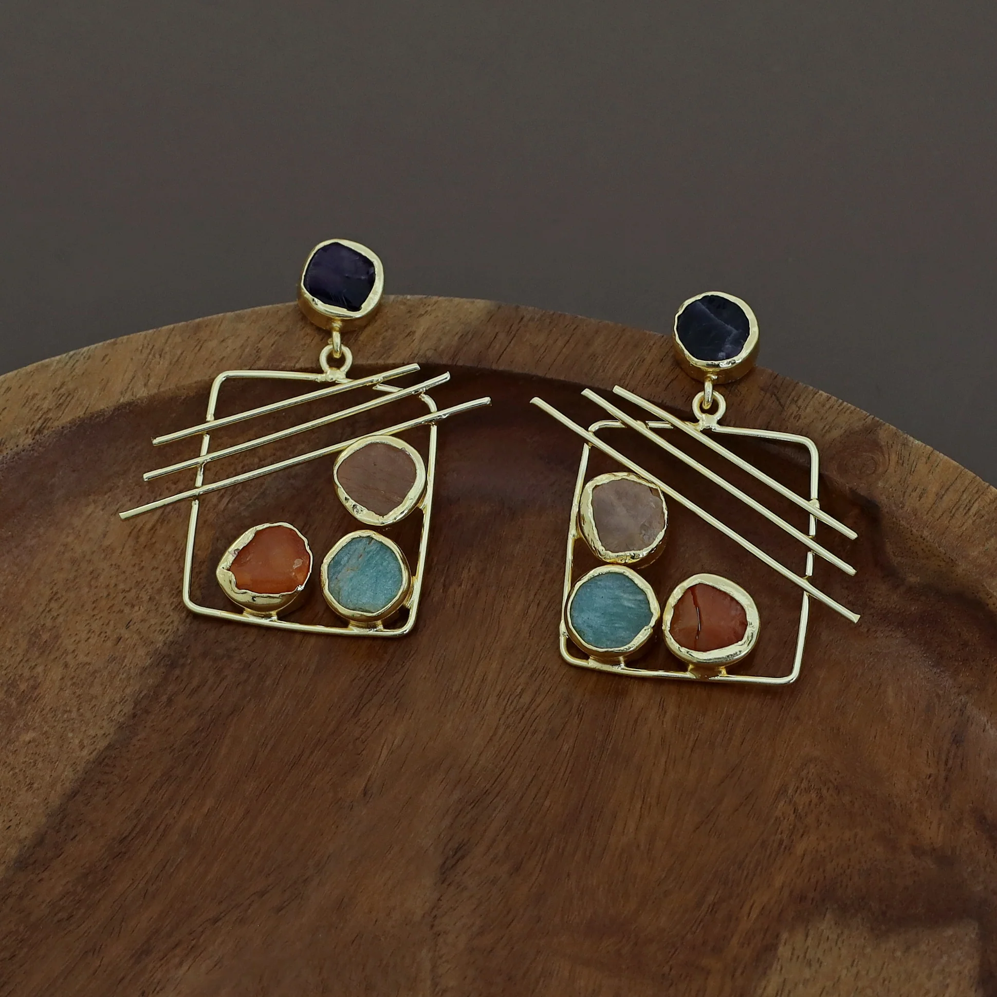 Golden Square Triple Line Raw Stone Earring - Image 22