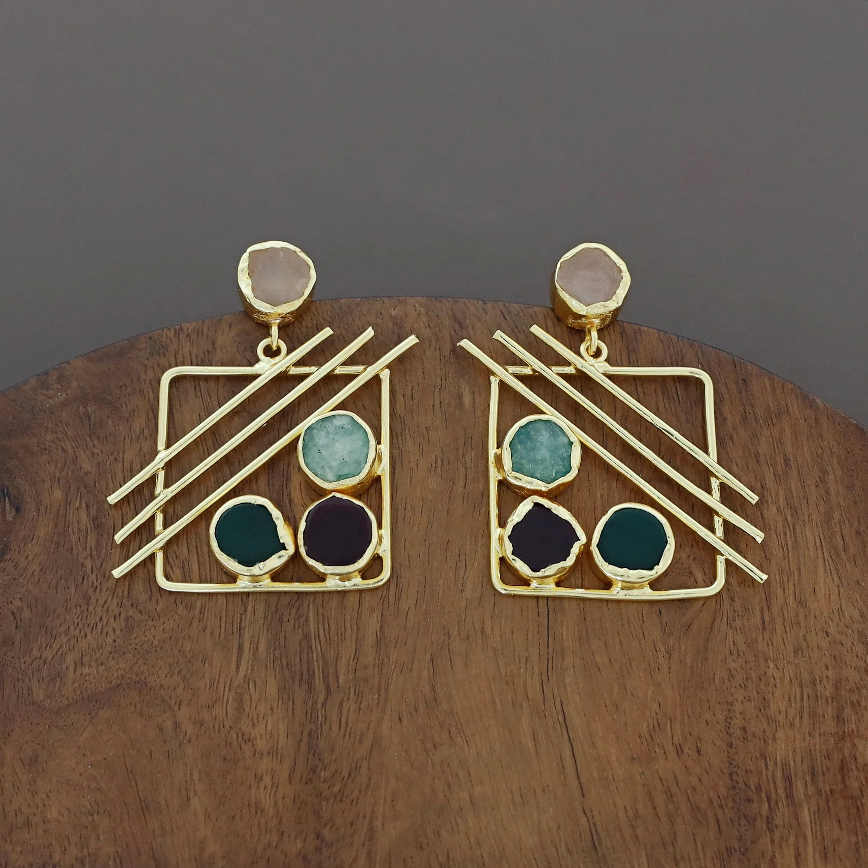 Golden Square Triple Line Raw Stone Earring - Image 23
